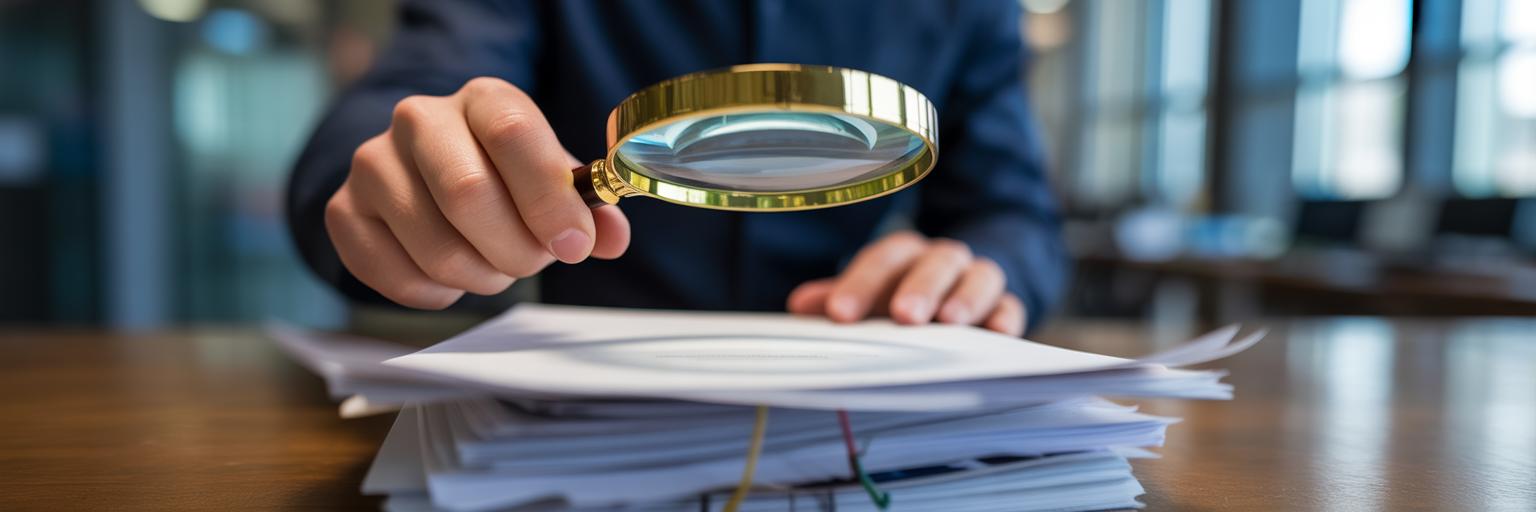 Journalist examining press releases with magnifying glass.