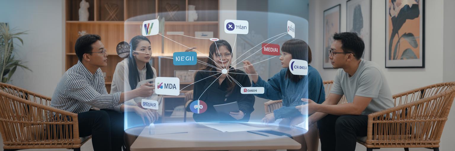 Startup team planning with media hologram.