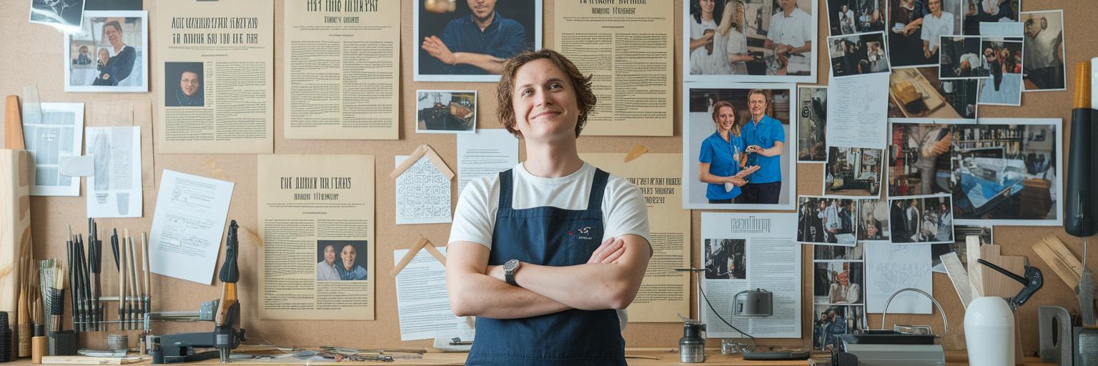 Small business owner with wall of press clippings.