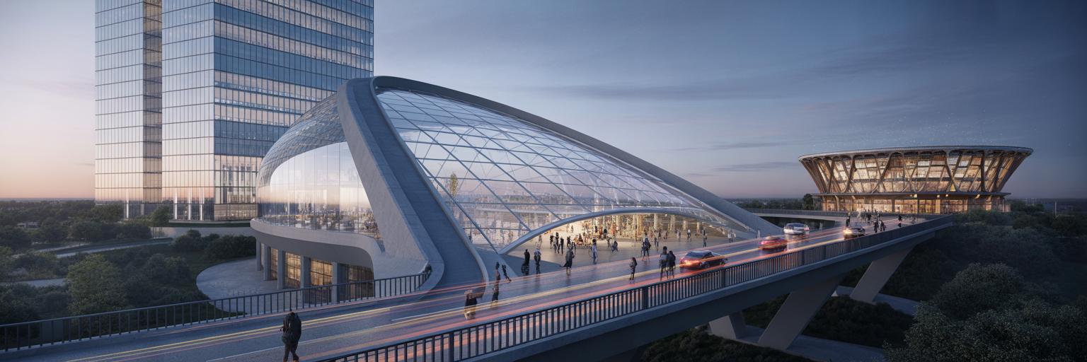 Modern bridge connecting two distinct buildings