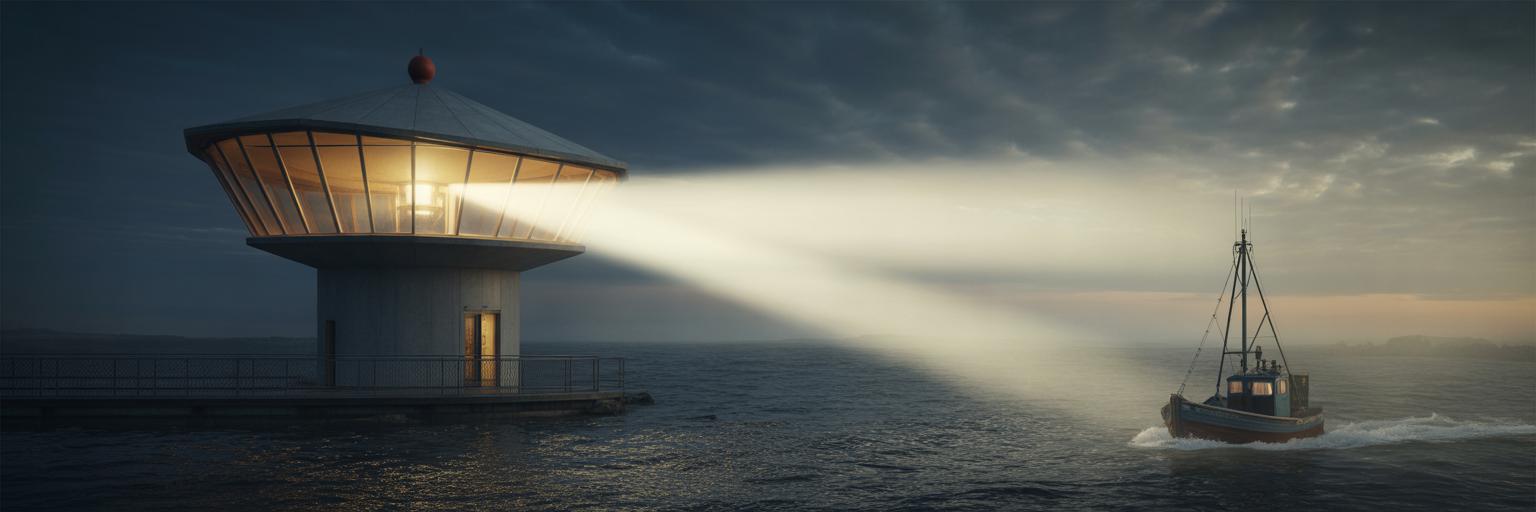 Lighthouse beam guiding a small boat.