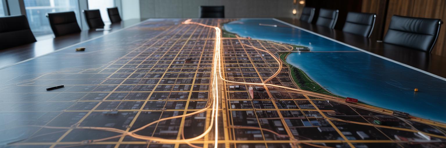 Glowing path on city map avoiding highways.