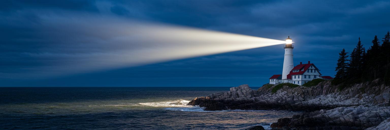 Lighthouse beam cutting through a dark sea.