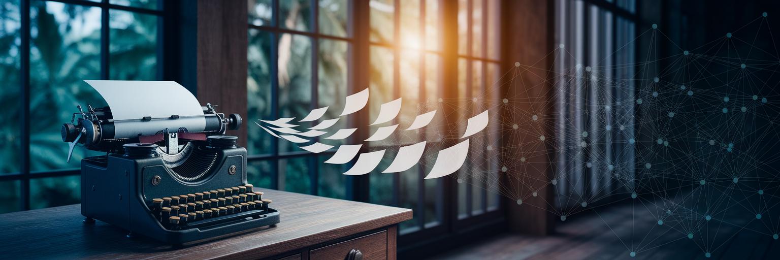 Typewriter transforming into a digital network.