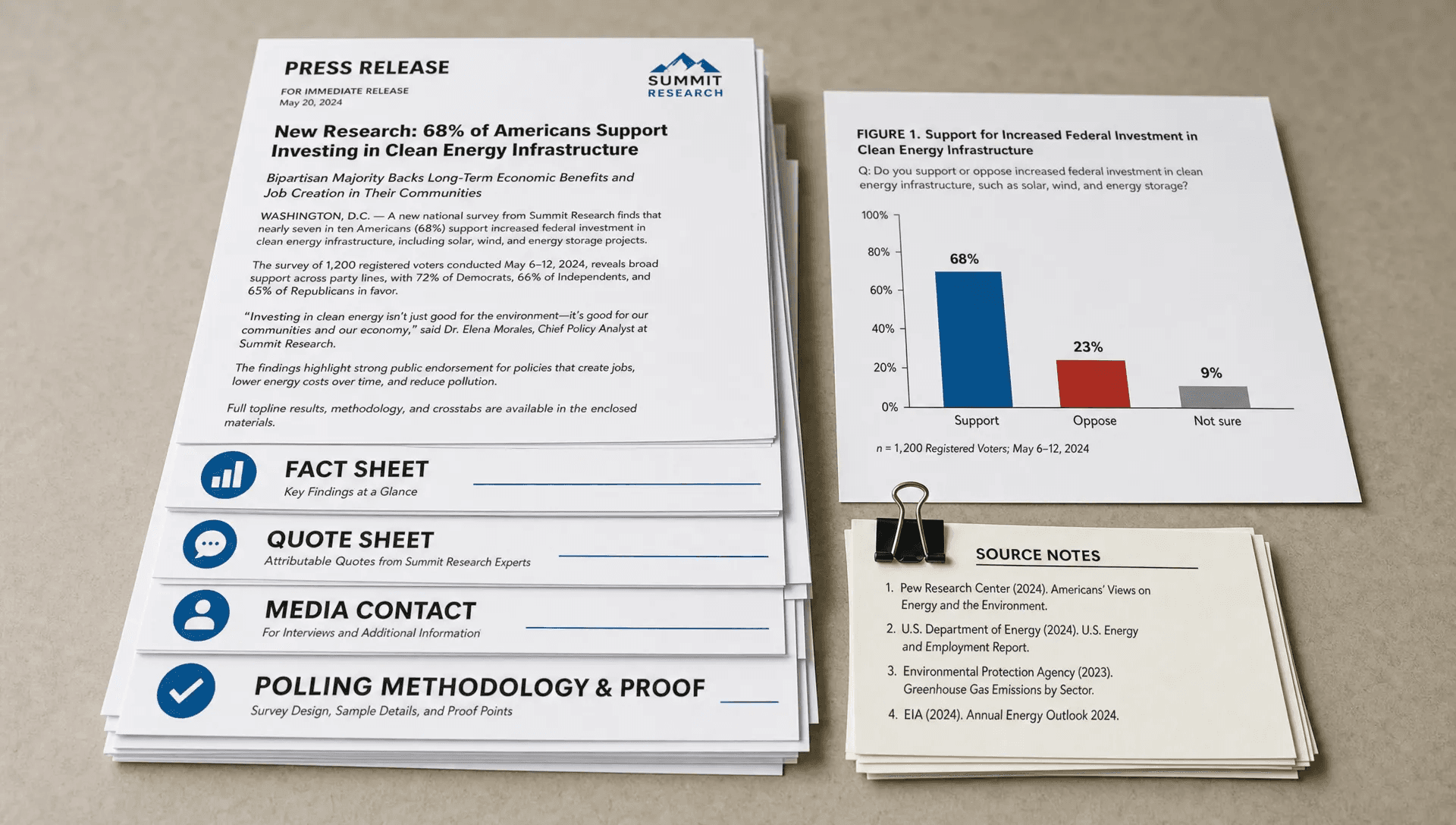 A press package stack includes a release, fact sheet, quotes, contact details, and a proof report.