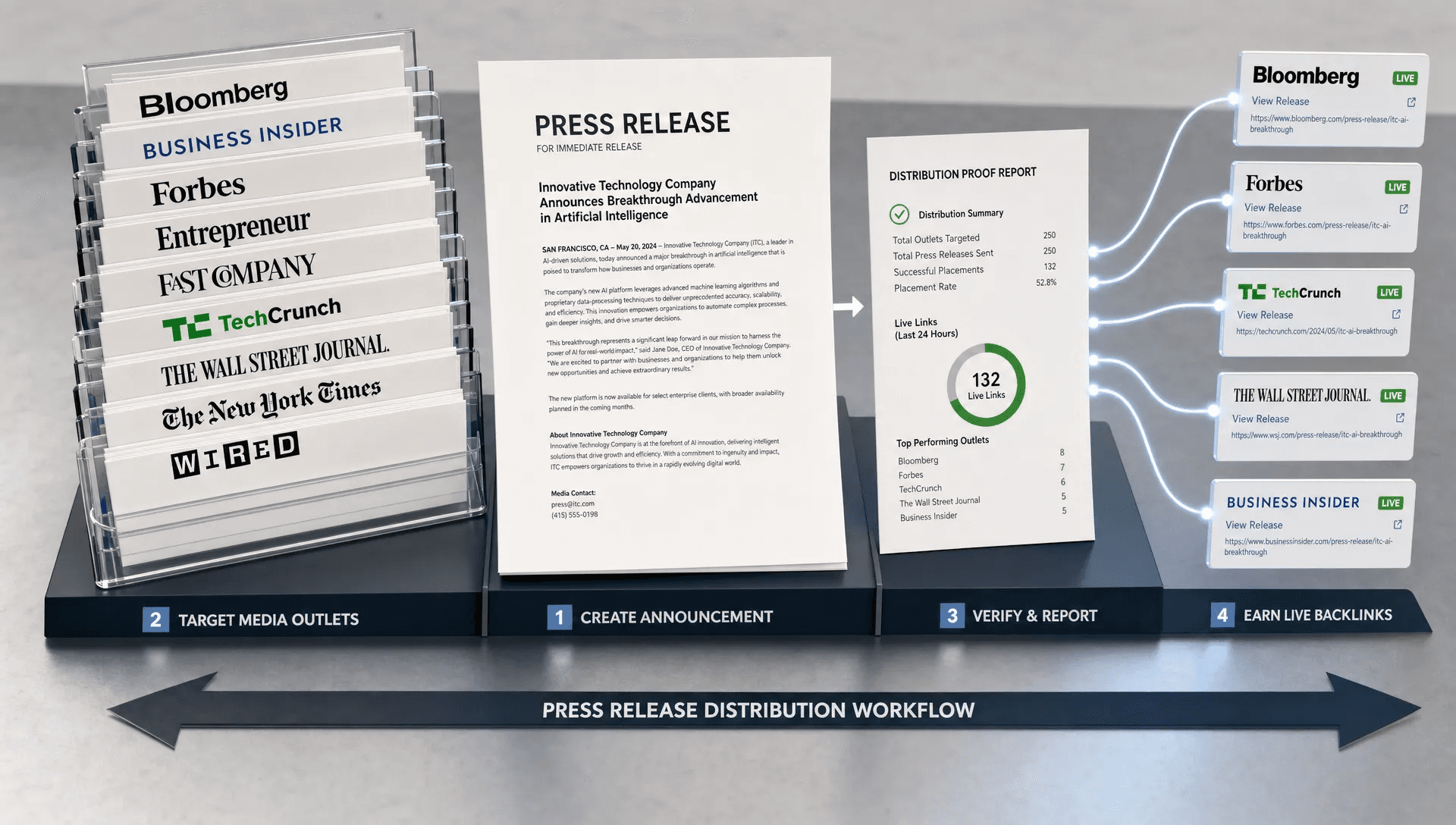 A conceptual scene of a large press release package being assembled into a clear distribution path, with one central announcement page, a stack of media outlet mastheads in the background, a proof report sheet, and live backlink markers extending toward the edge of the frame. The setting should feel like a clean editorial distribution workspace rather than an office desk, with no person present.