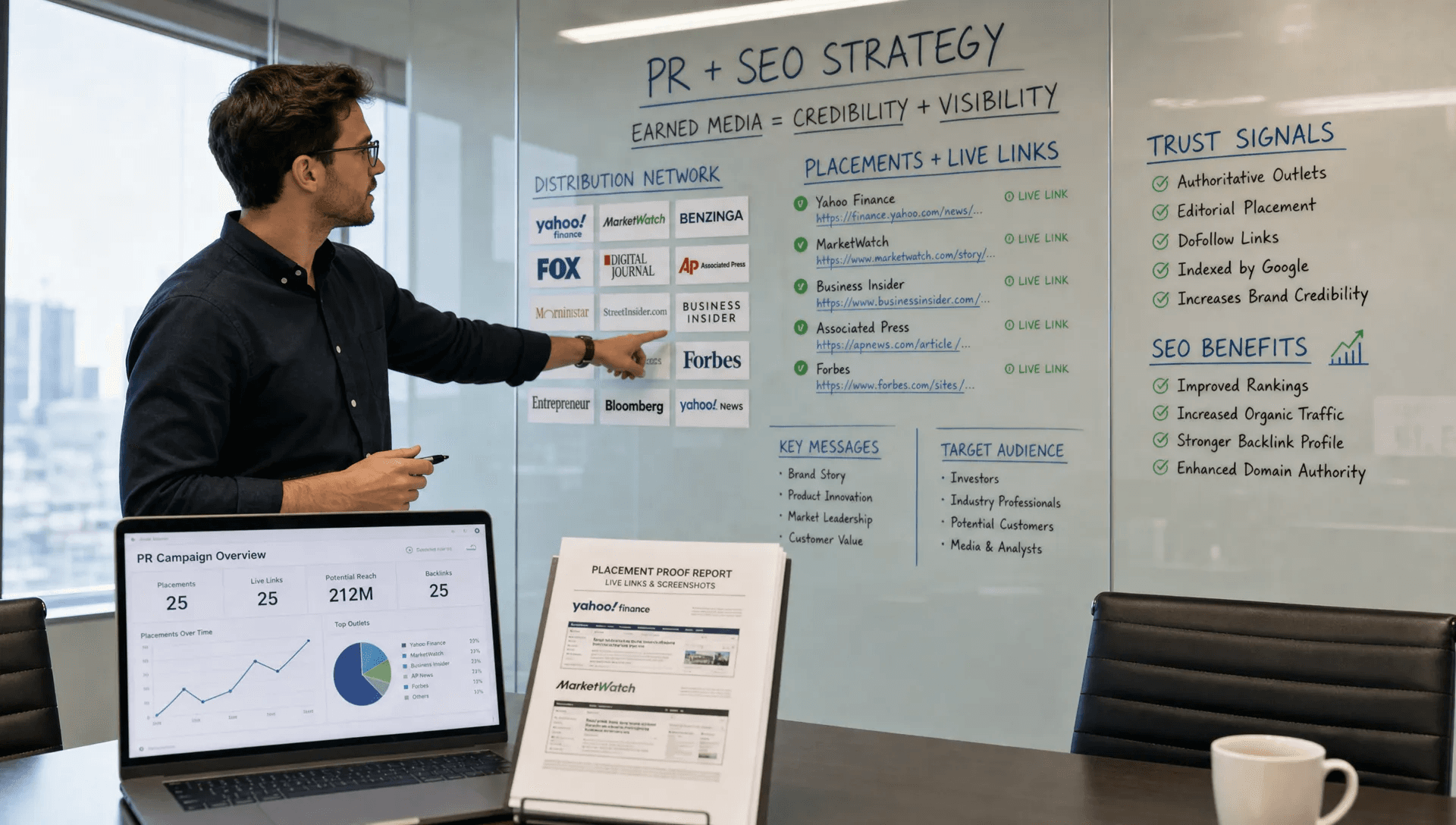 A strategist reviews outlet logos, live-link notes, and proof reports to plan press release distribution and brand visibility.