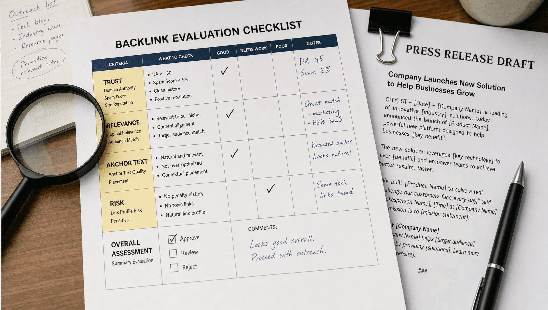 A backlink evaluation checklist sits beside a magnifying glass, a pen, and a clipped press release draft.