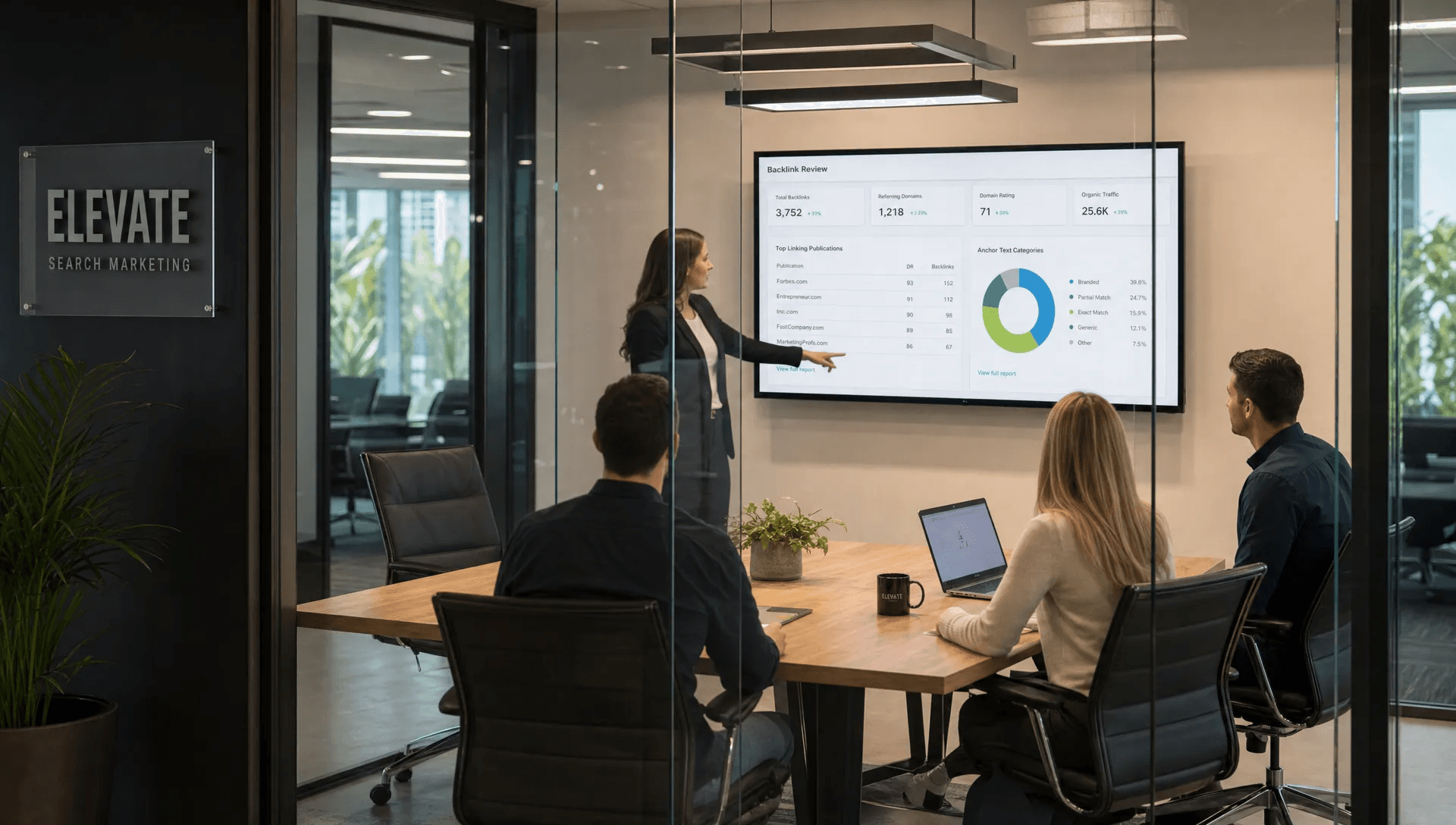 A search marketing office shows a backlink review dashboard on a screen beside meeting tables and glass walls.