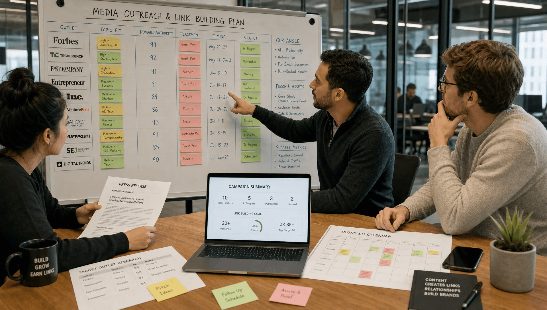 A startup team reviews a media outreach plan with outlet names, a printed release, and a laptop summary in a workspace.