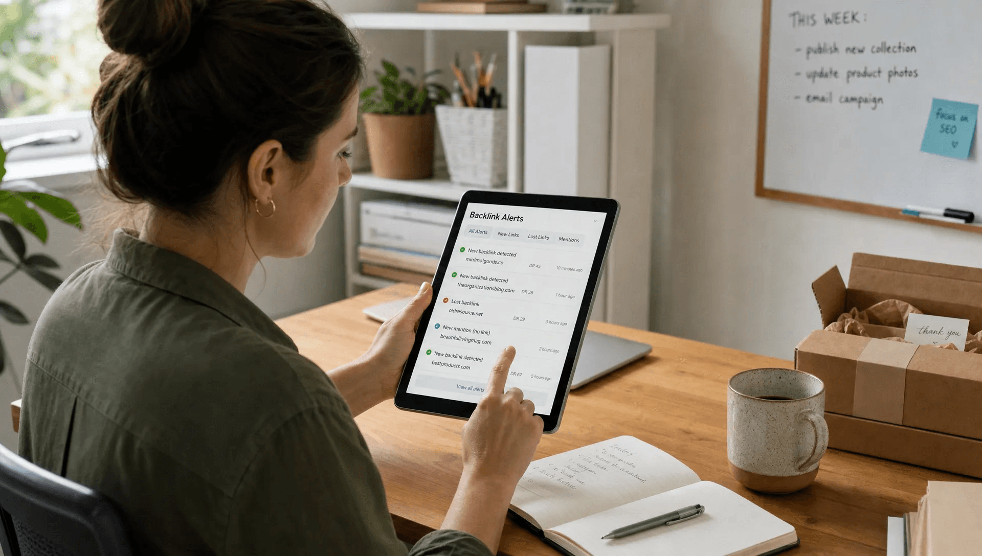 A small business owner checks backlink notifications on a tablet in a home office.