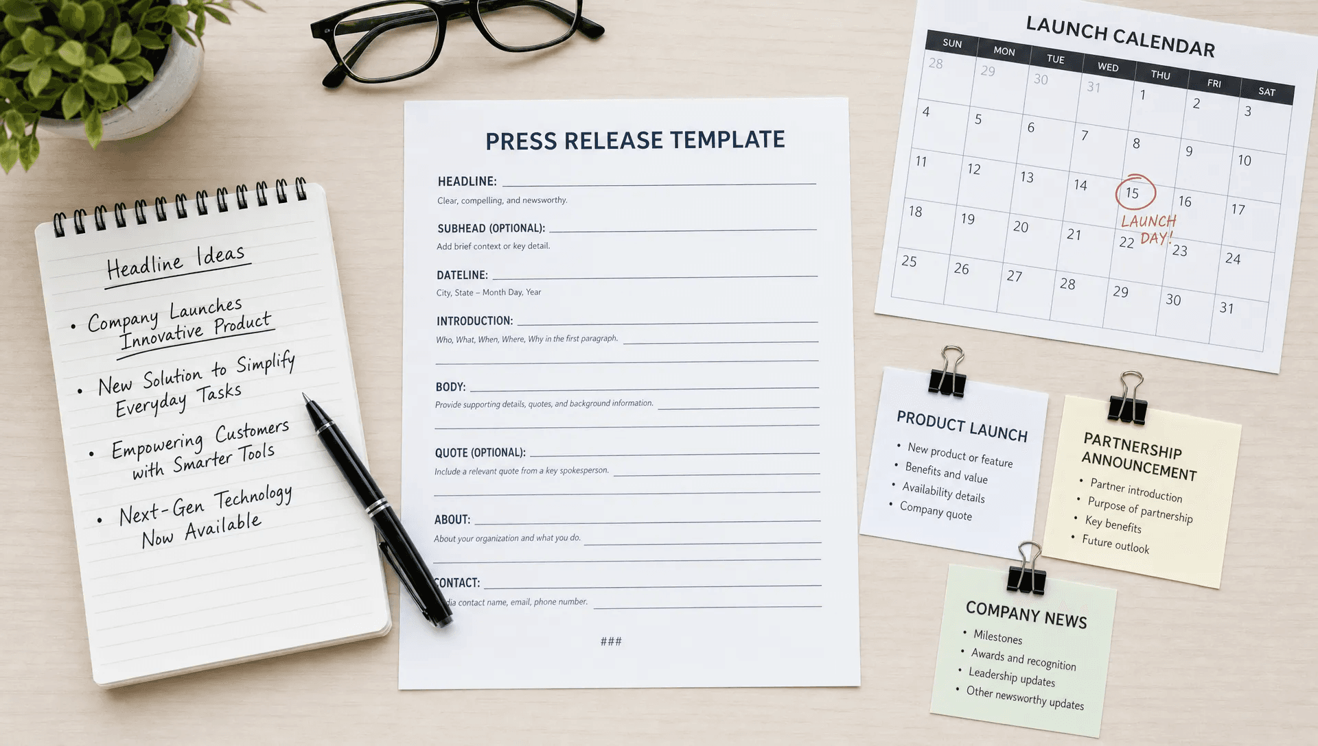 An overhead flat-lay of a press release drafting kit on a clean table, with a printed template sheet, a notepad with headline ideas, a pen, a calendar page marked for a launch date, and a few clipped notes for different announcement types arranged neatly around the page, emphasizing planning and structure rather than a person at work.