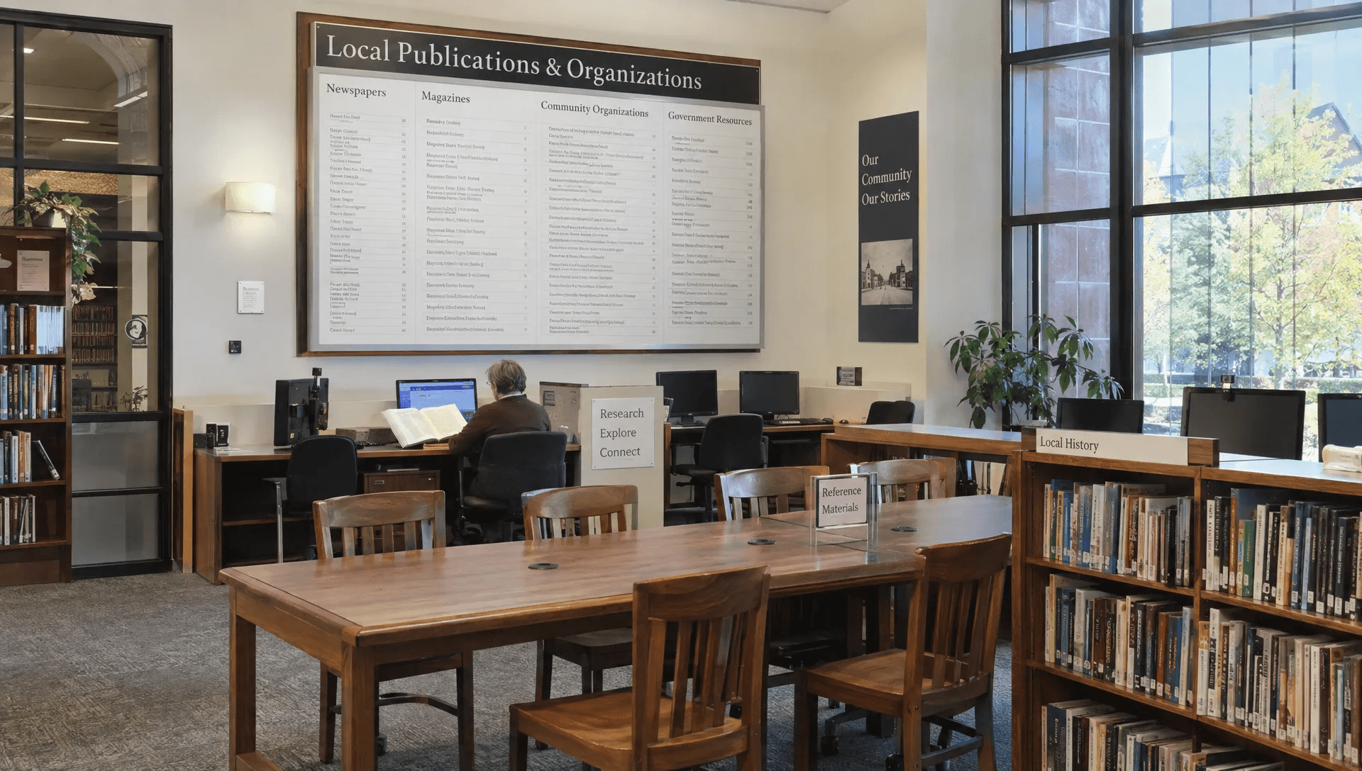 A researcher checks a computer beside a directory in a library, a setting for finding publication pages that may link to a website.