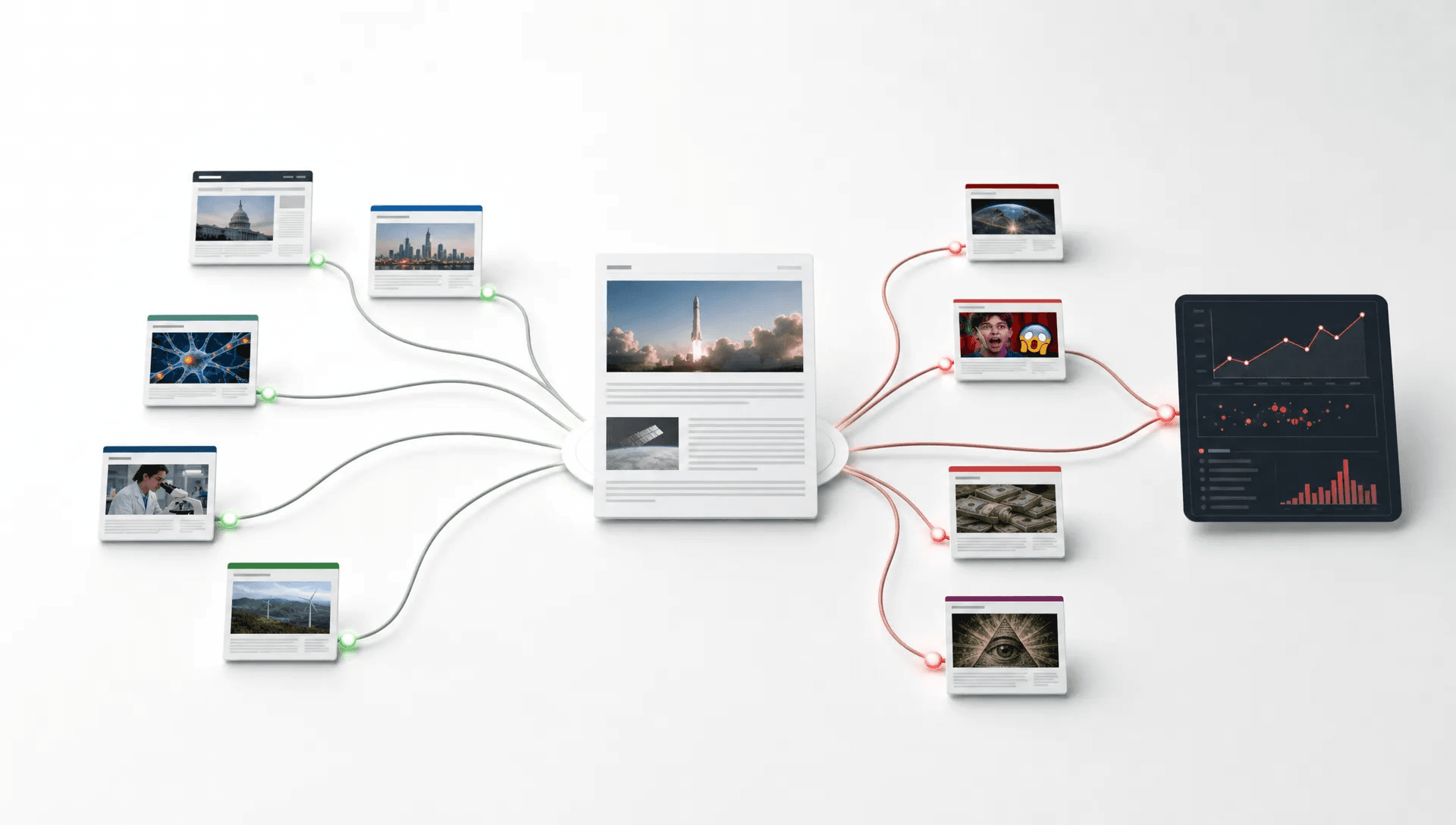 An announcement page sits at a crossroads of routes toward media outlets and analytics cards for press release link building.
