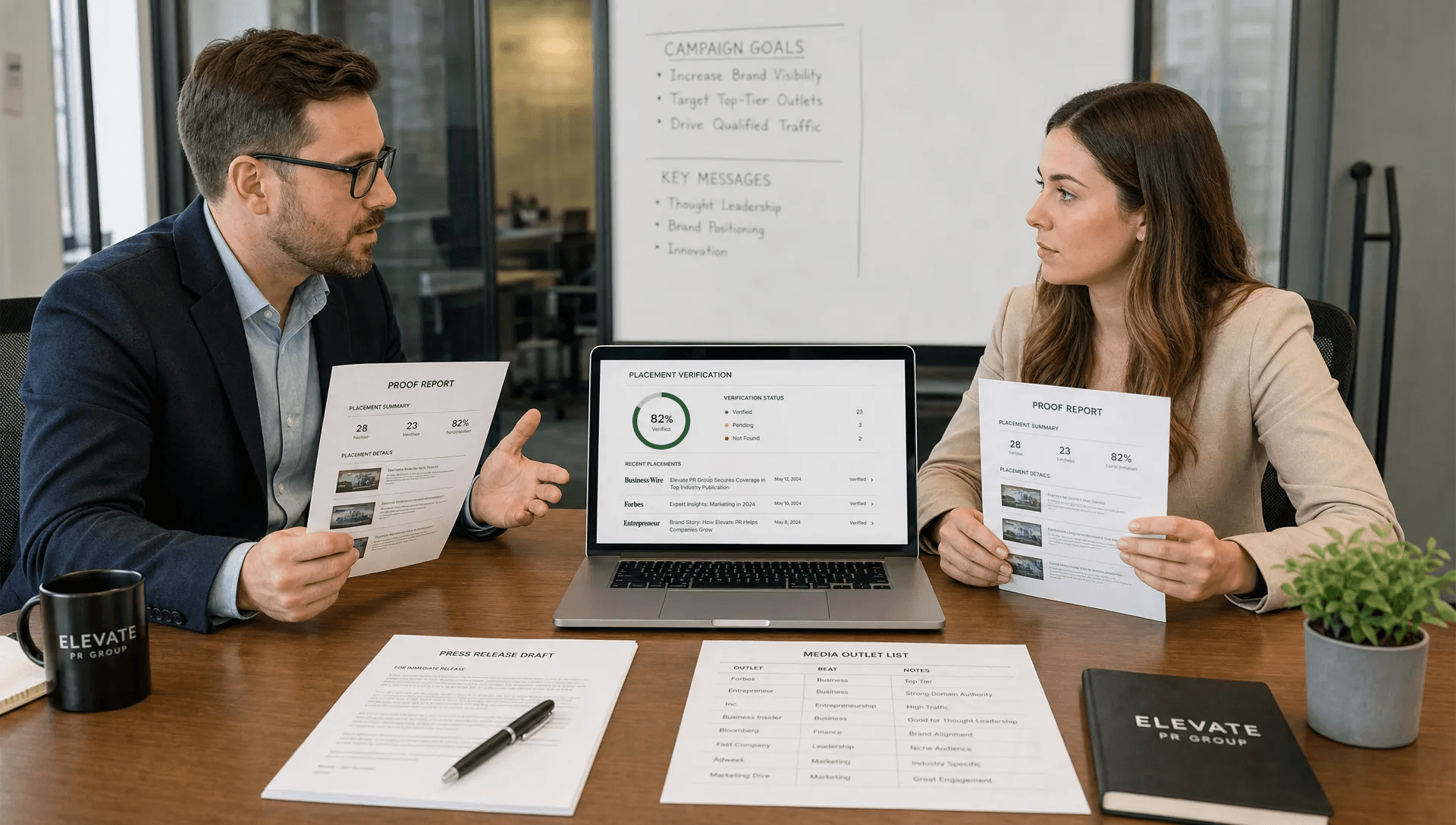 Two professionals review a proof report and media outlet list while planning press release distribution.