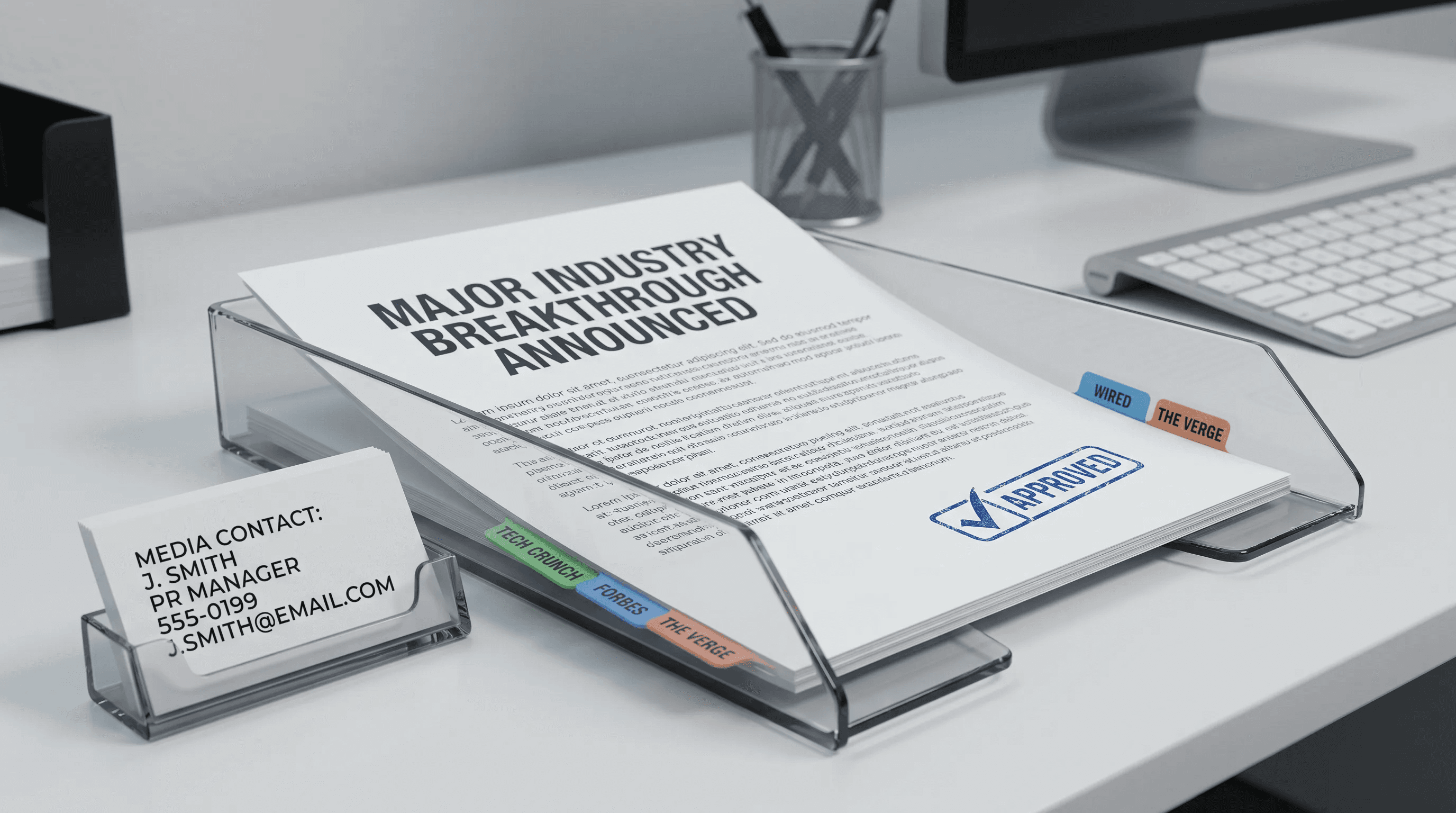 A close-up conceptual scene of a press release page sliding through a clear editorial review tray, with a bold headline visible at the top, a checkmark stamp, a media contact card, and small outlet-name tabs nearby, set in a clean submission workflow environment with no person present.