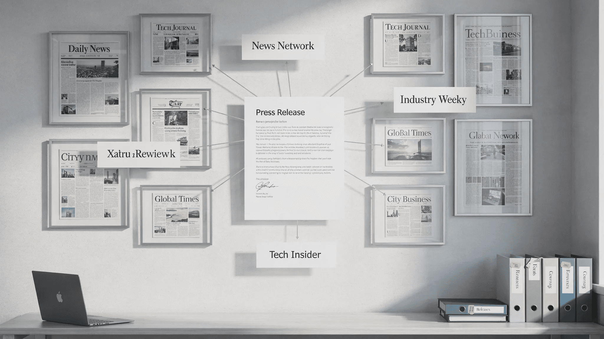 A symbolic editorial scene showing a wall of framed publication mastheads and a central press release sheet connected by thin lines to several media outlet names, with a subtle sense of credibility and reach, set in a clean conceptual office-like environment with no people.