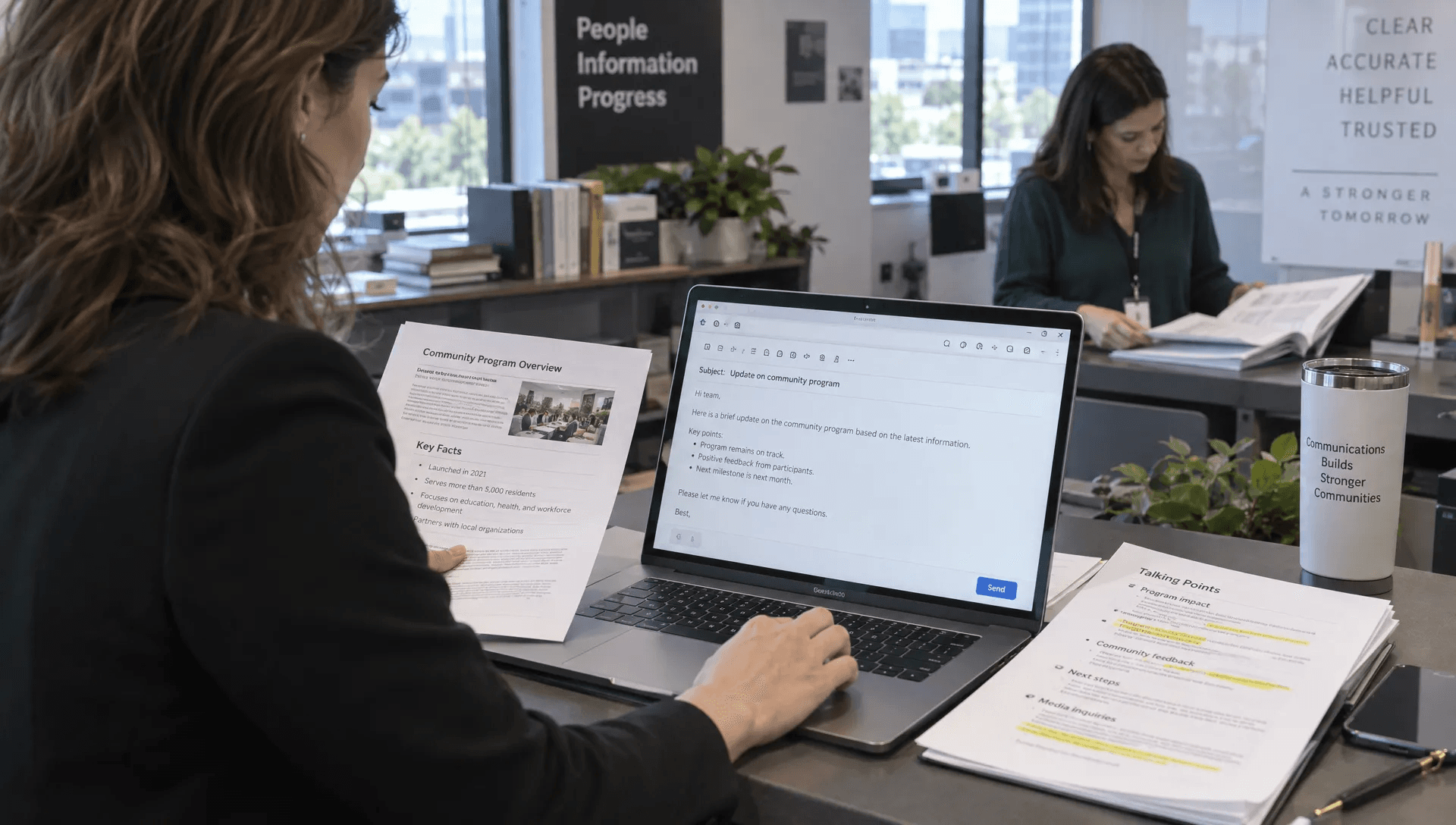 A communications professional checks source documents while drafting a verified reply to a reporter.