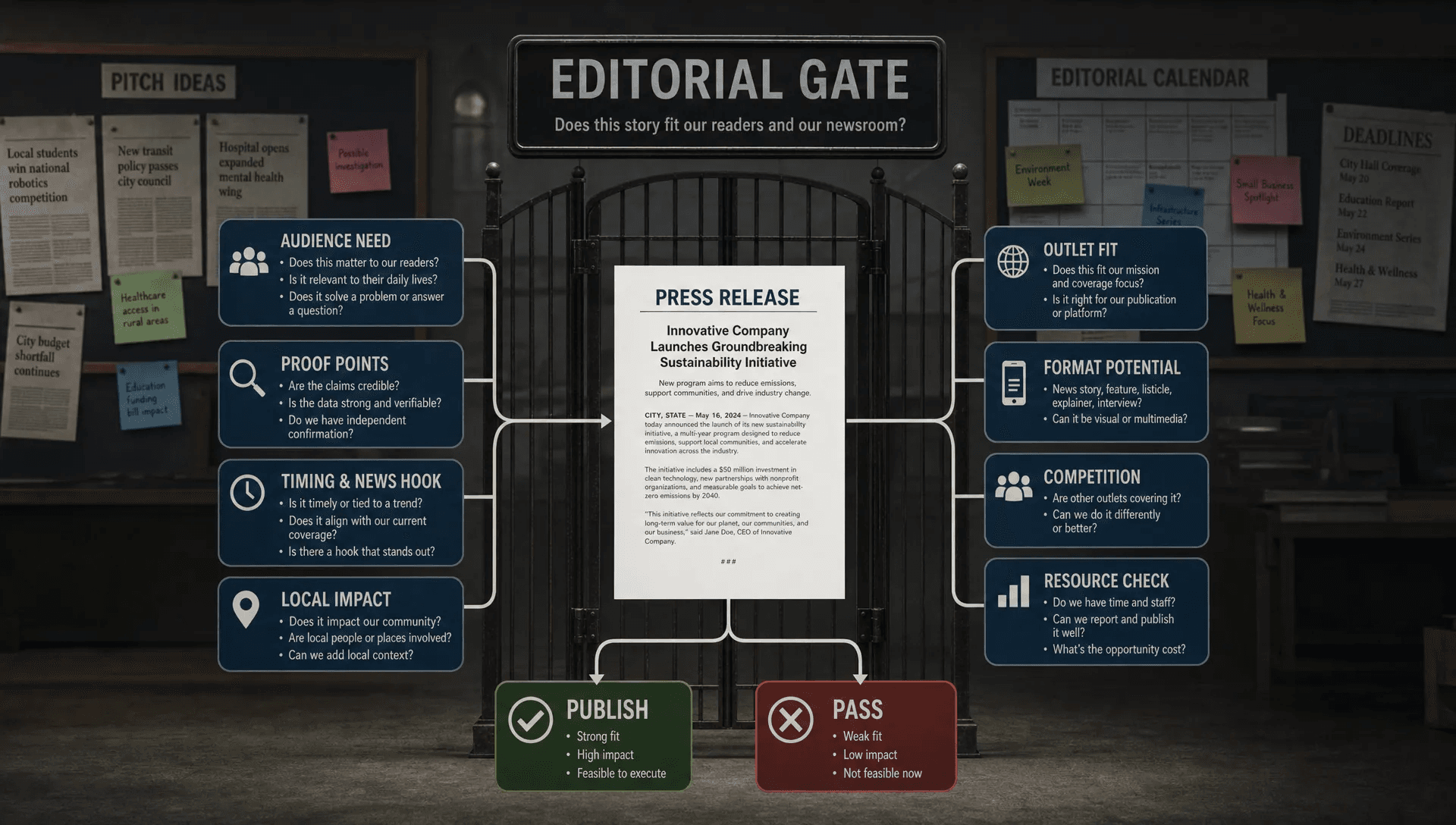 A conceptual scene of an editorial gate with a decision path, showing a single press release page at the center of a branching flowchart of audience needs, proof points, timing cues, and outlet types, with a subtle newsroom noticeboard in the background and no person present. The composition should feel like how editors evaluate whether a story fits, not like a desk workspace or document flat lay.