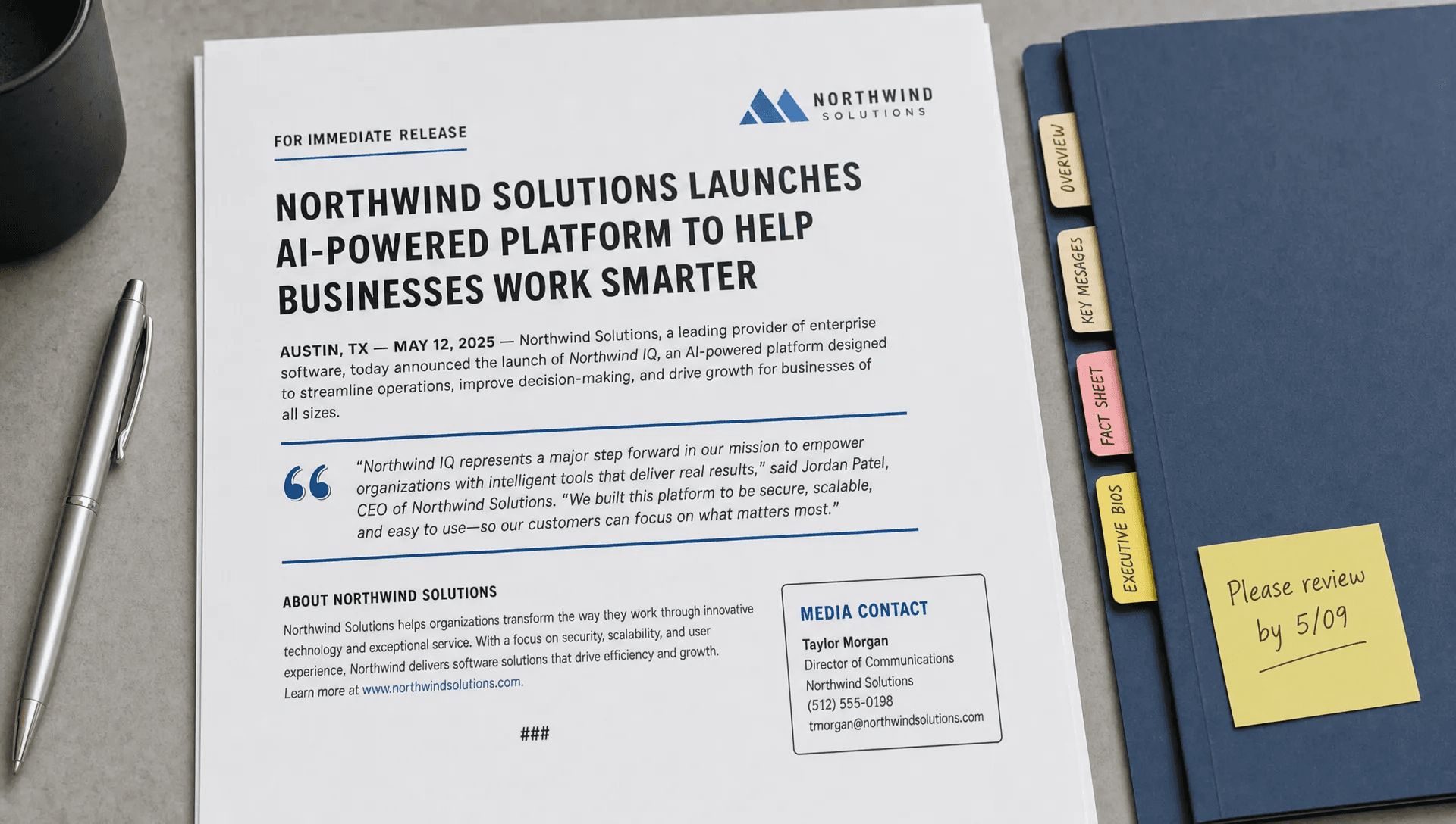 A close-up flat lay of a printed press release on a clean table, with a bold headline at the top, a dateline line, a quote block, a boilerplate section, and a media contact card arranged around it, plus a pen and a folder with marked tabs for review. The composition should feel like careful document formatting and editorial readiness, with no person present.
