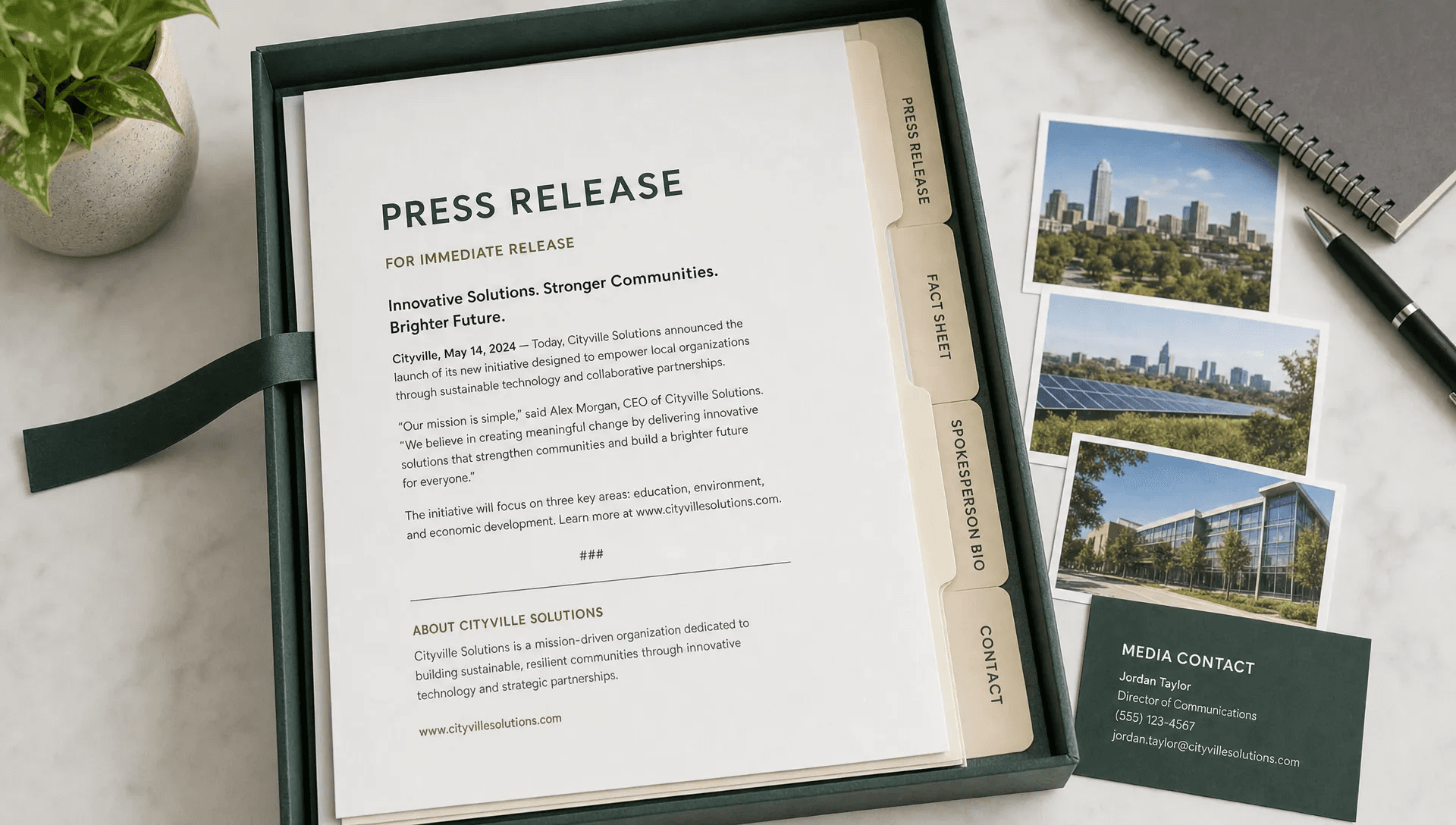 A close-up symbolic scene of a media package opened to reveal a neatly organized press release, fact sheet, spokesperson bio, and contact card, with a folder tab, labeled document dividers, and a few approved image thumbnails arranged beside it on a clean tabletop, suggesting a ready-to-send journalist kit without any person present.