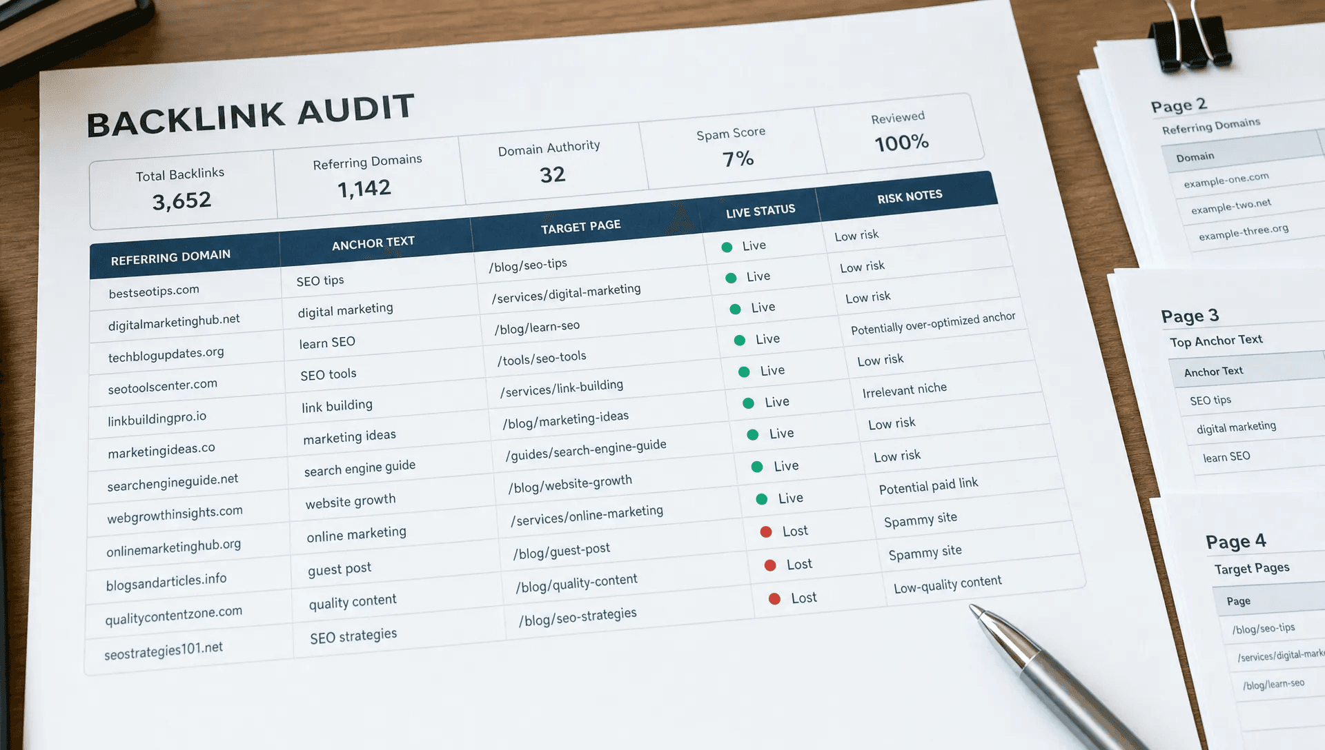 A backlink audit sheet lists referring domains, anchor text, target pages, live status, and risk notes for safer SEO planning.