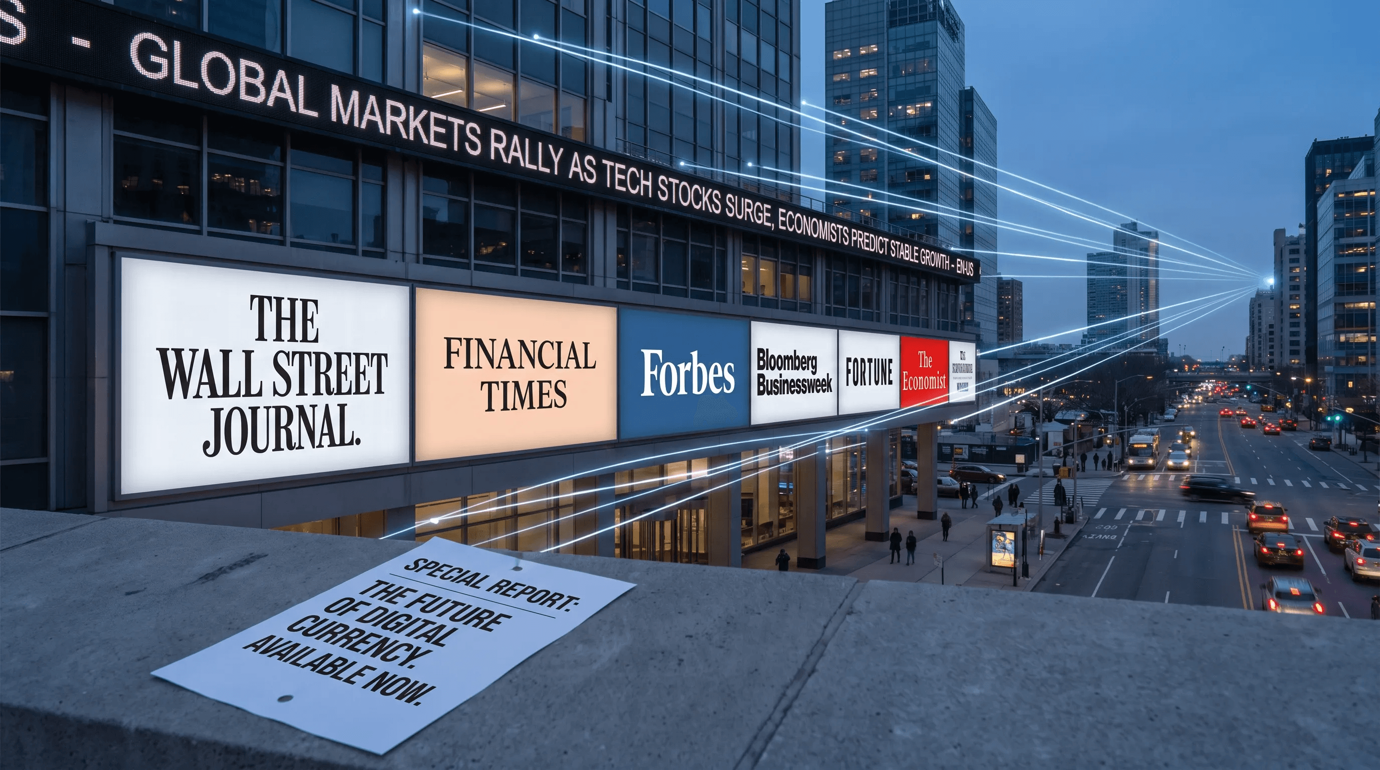 A long cityscape-style view of a building facade with a lit news ticker and a row of recognizable business publication mastheads on display panels, with a single printed announcement sheet in the foreground and subtle network lines suggesting distribution reach, set as an exterior establishing scene with no person at a desk.