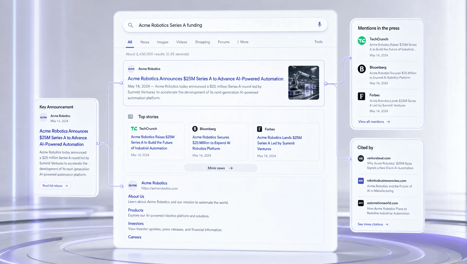 A conceptual scene centered on a large search results display showing a company announcement, recognizable publication mentions, branded query results, and citation-style snippets connected to the release by subtle lines, with no person present and a clean, modern environment that feels like search visibility and online authority rather than an office desk.
