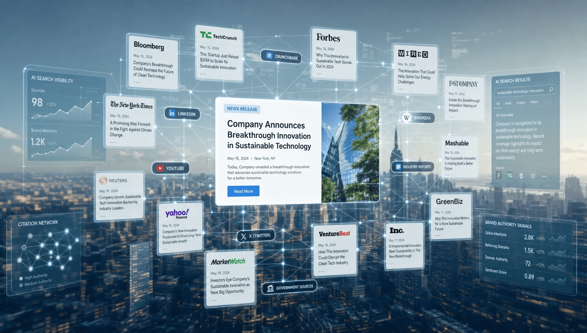 A conceptual scene of a transparent network of publication references, citation snippets, and branded entity labels expanding around a central announcement card, with a subtle city skyline and digital search signals in the background, representing how press coverage feeds AI visibility and online authority, with no person present.