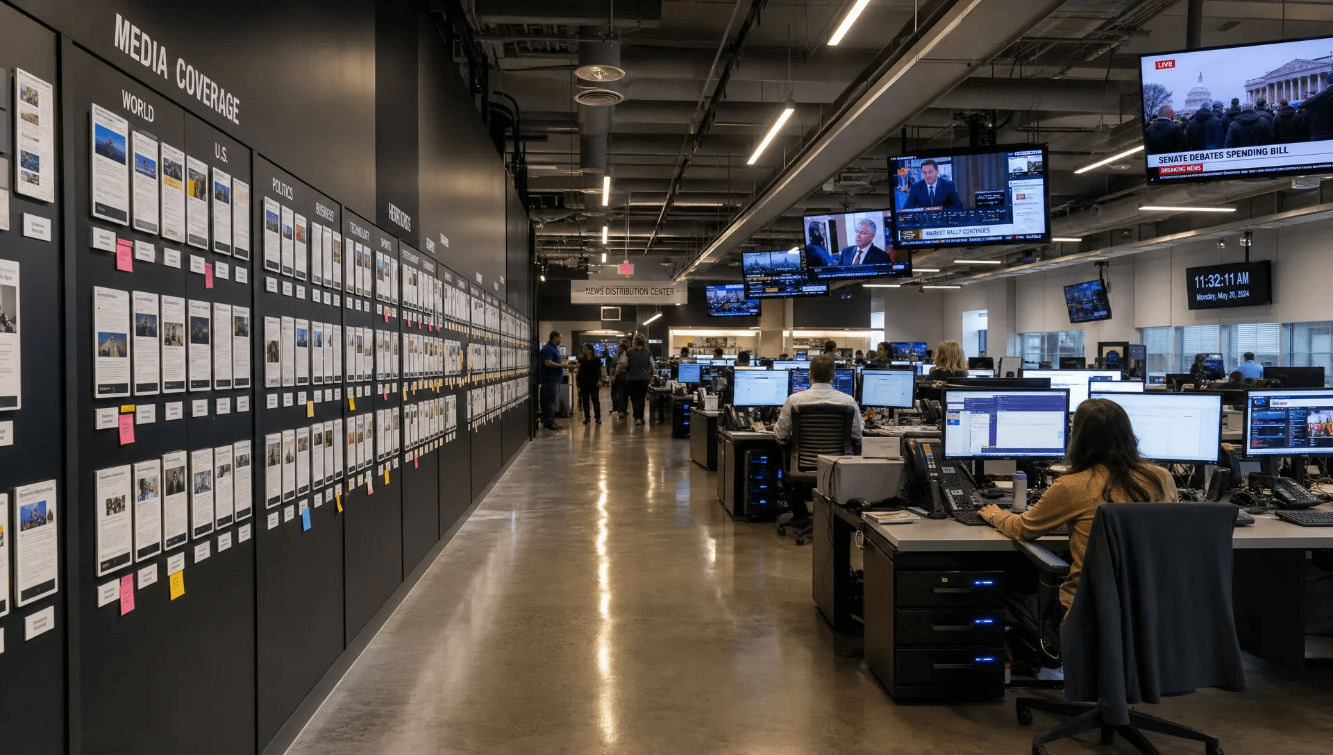 A newsroom wall of publication boards and live reporting screens suggests a strong press release network.