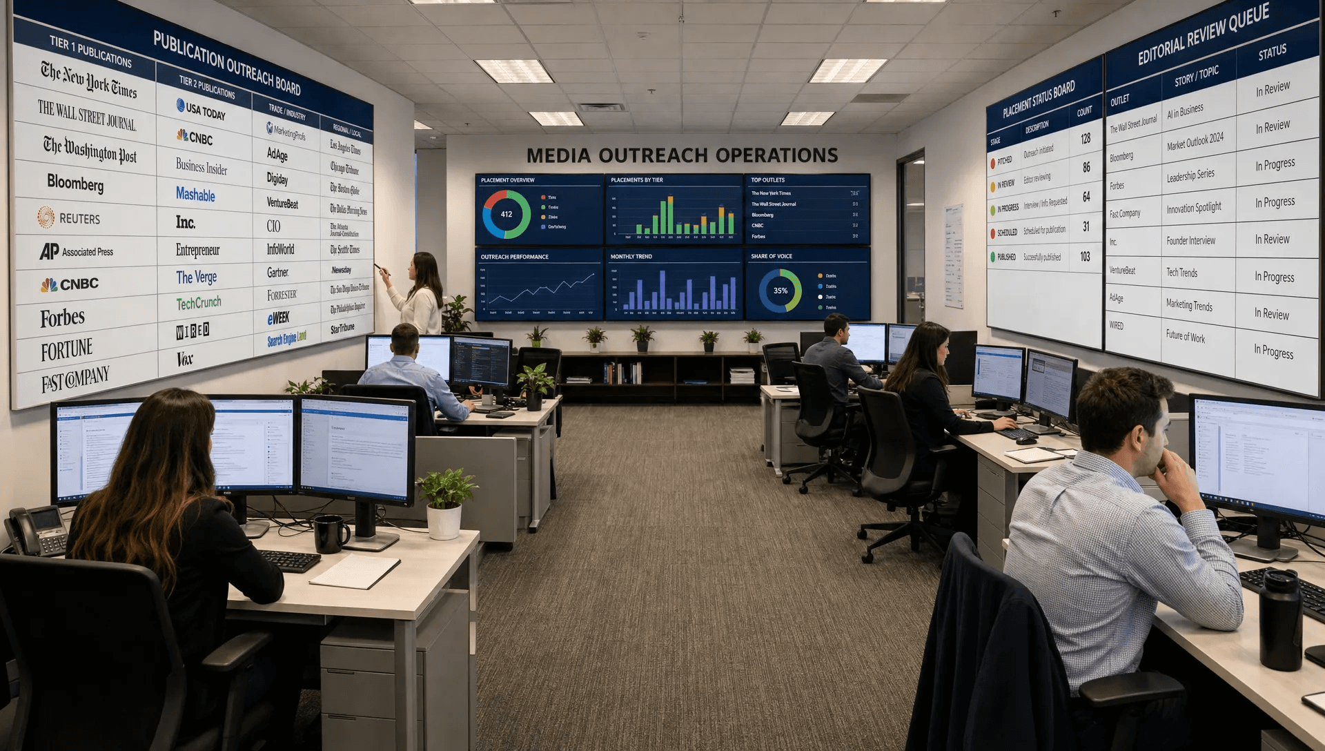 A media outreach operations room shows publication boards, placement status panels, and editorial review screens across the walls.