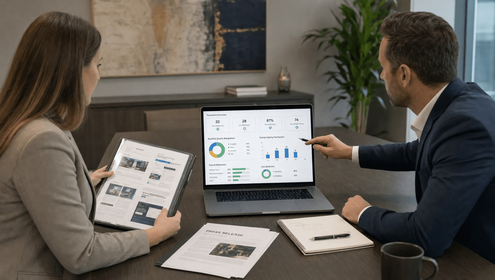 A brand manager and consultant review publication options, proof pages, and a backlink report during a provider selection meeting.