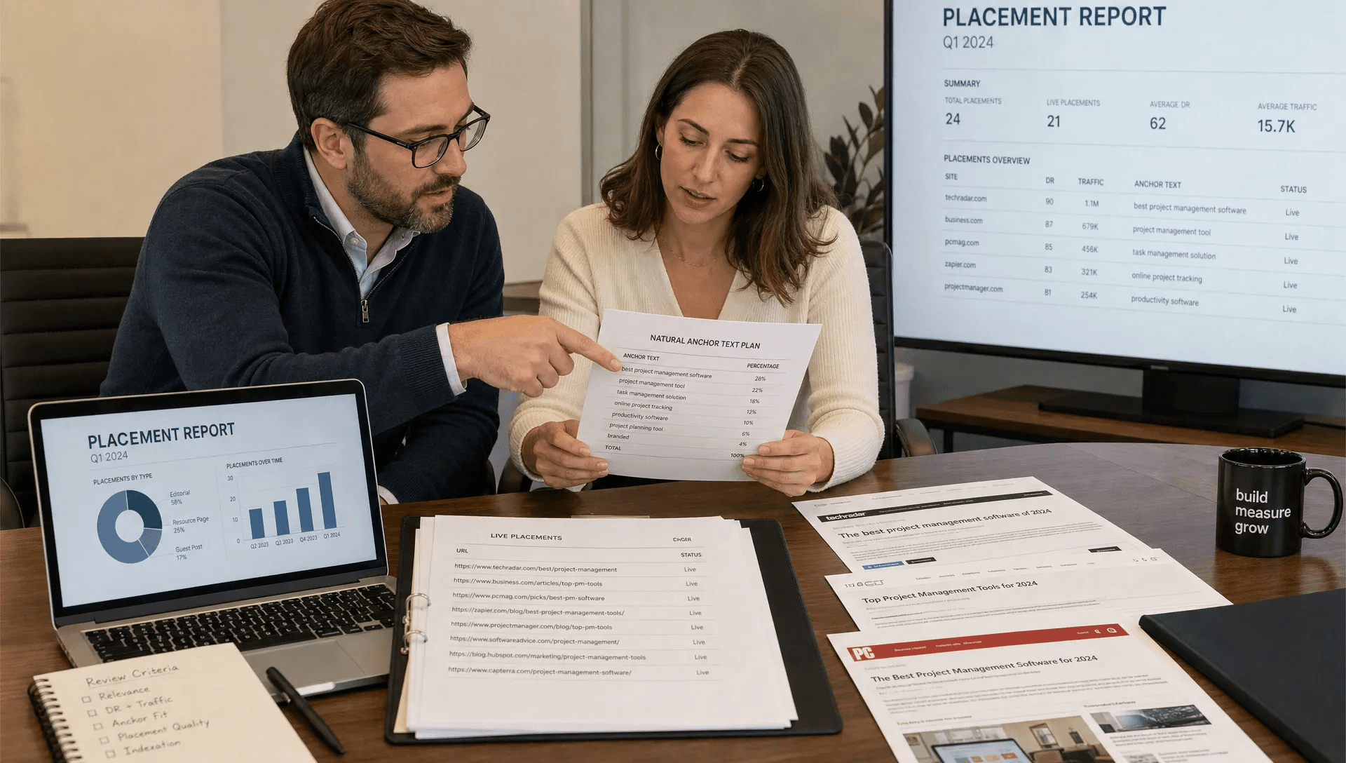 A brand manager and strategist review a white hat link building plan with live URLs and anchor text notes.