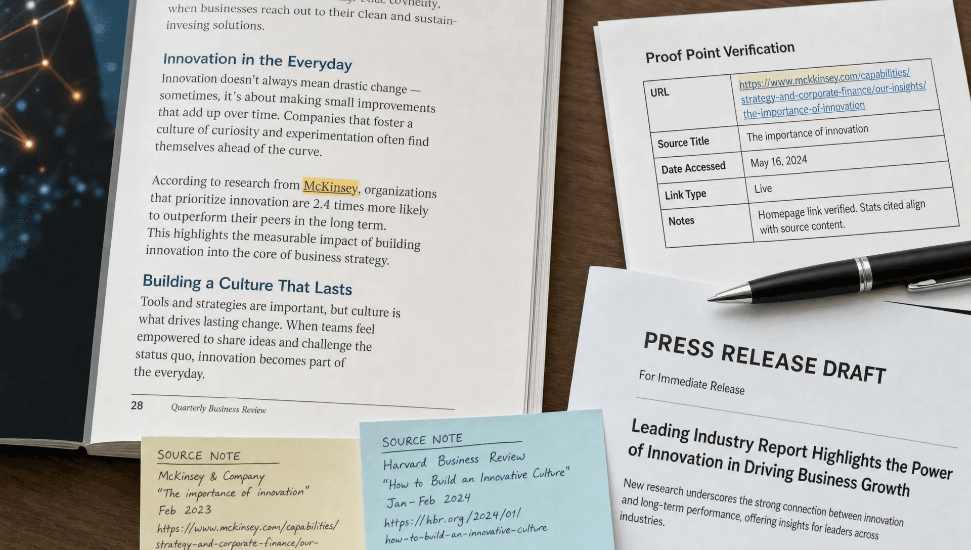 A publication page shows a live backlink beside a proof sheet and press release draft on a desk.