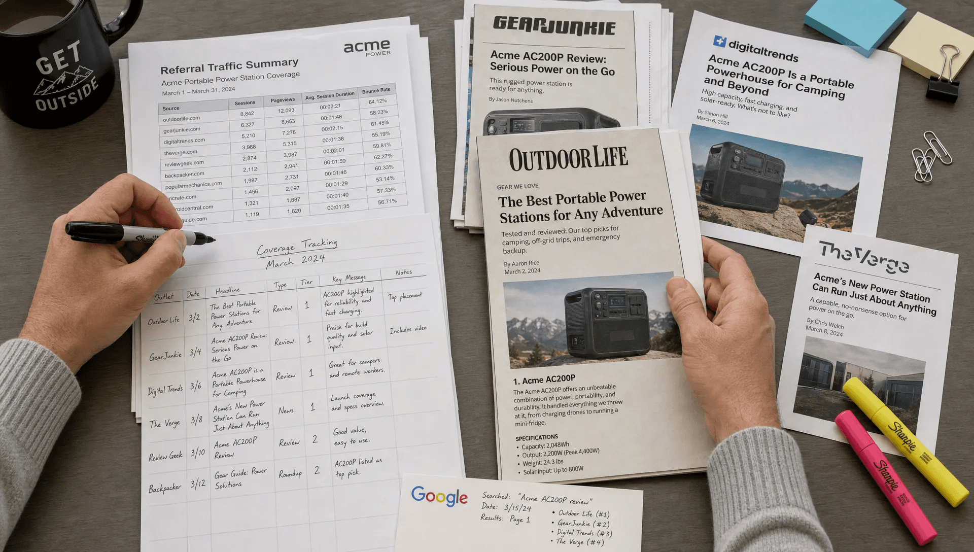 Hands sort publication clippings and a tracking sheet while reviewing a nofollow link campaign.