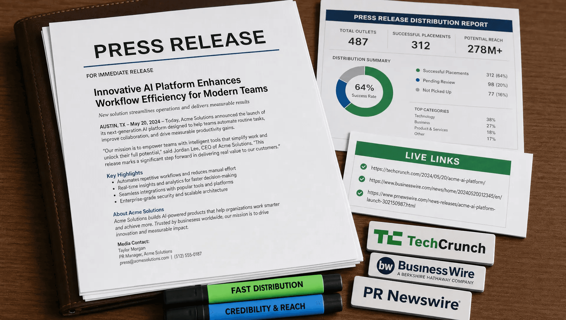 A press release packet sits beside a proof report and outlet nameplates, showing fast distribution and credibility.
