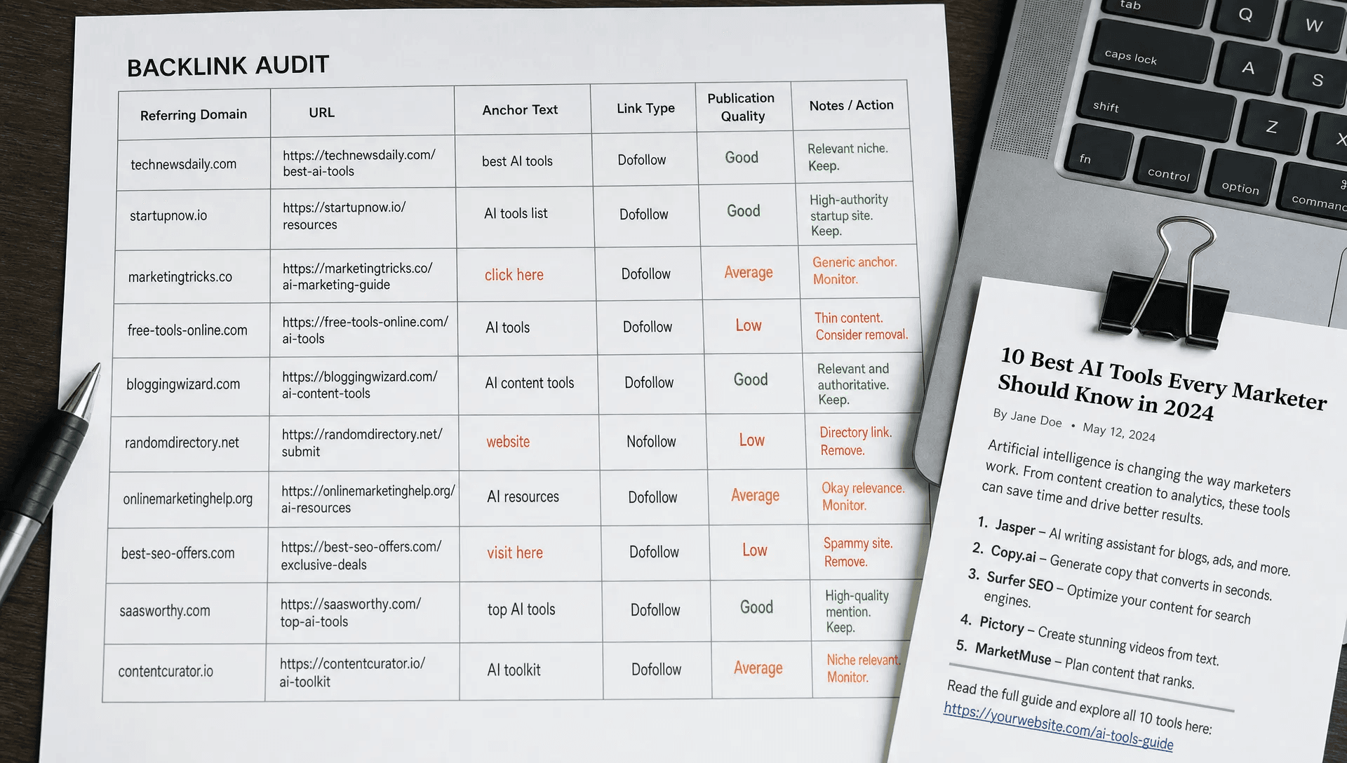 A backlink audit sheet shows referring sites, anchor text, and publication quality checks.