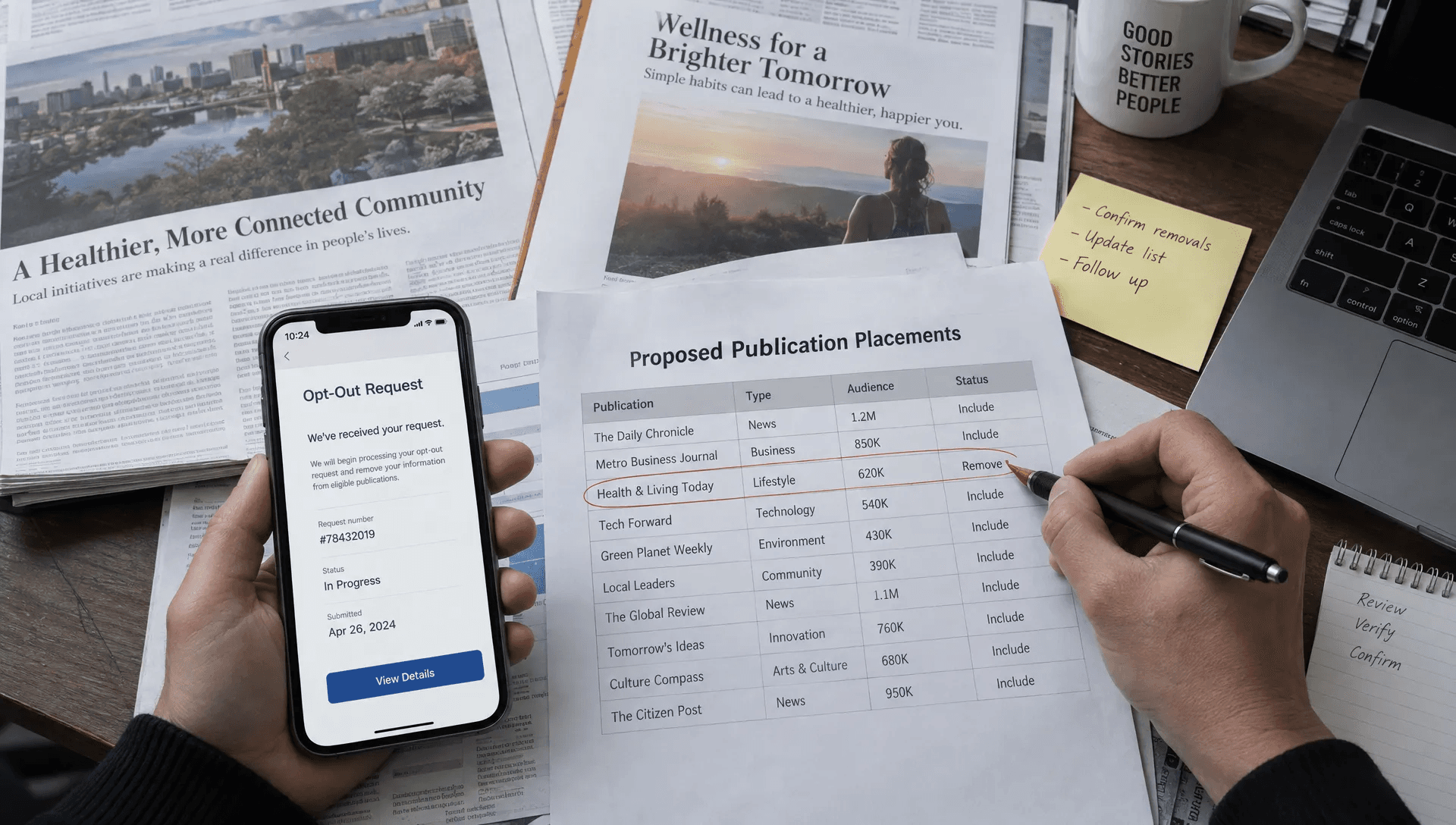 Hands remove an unsuitable publication prospect while reviewing source pages and an opt-out request for a link campaign.