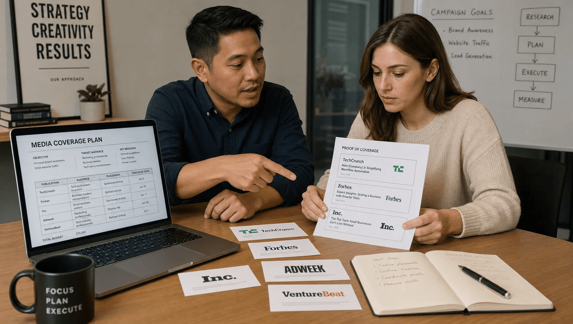 A marketer and agency strategist review a proof report and publication cards for press release distribution.