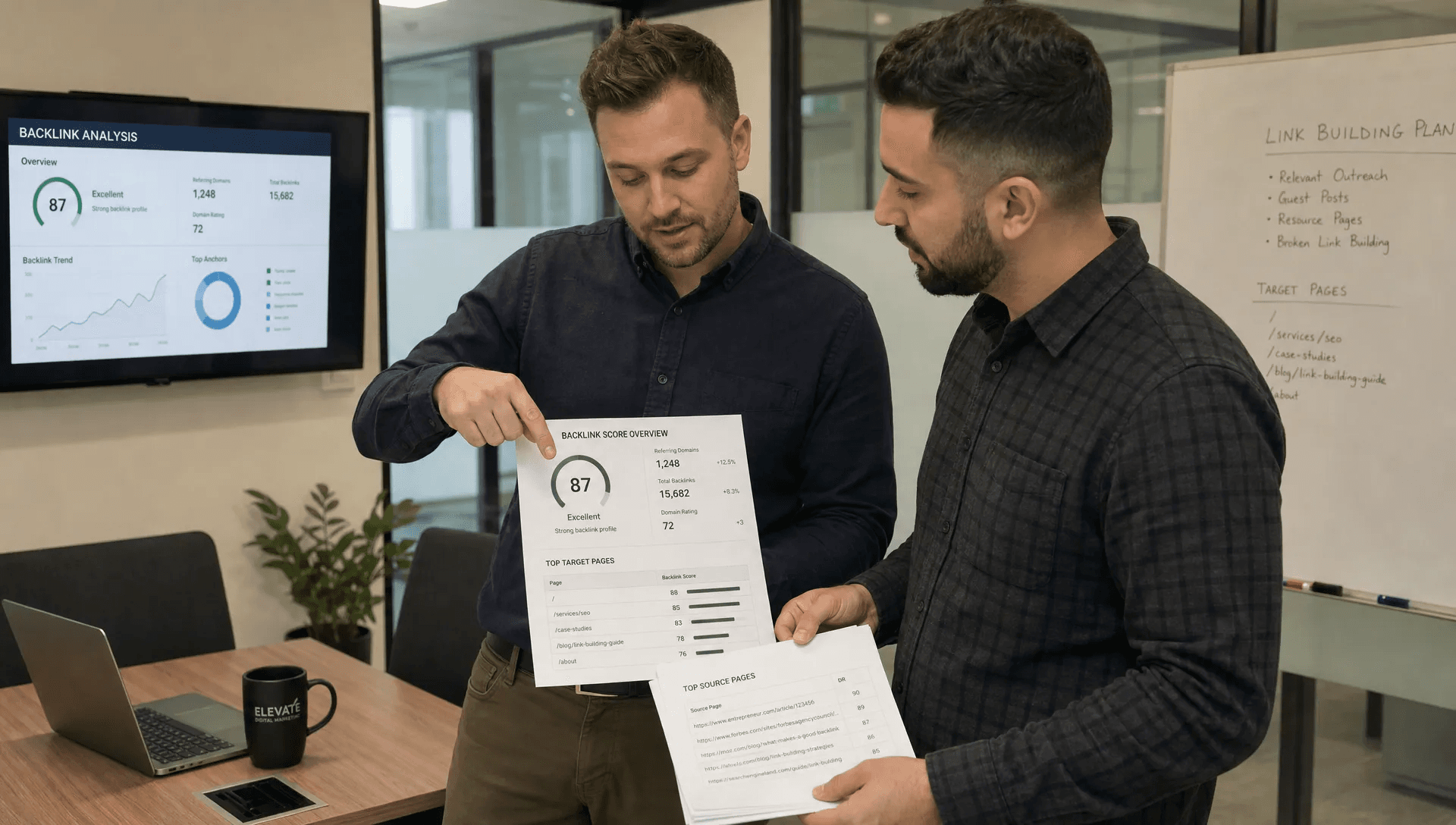 An SEO specialist and client review a backlink score sheet during a meeting.