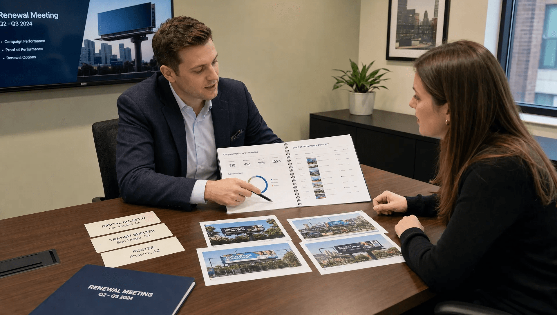 An account manager walks a client through verified placements and proof reports during a renewal meeting.