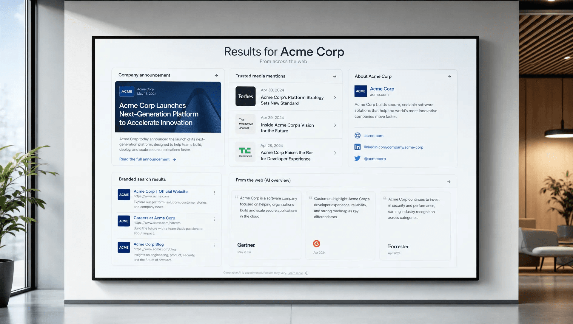 A conceptual scene showing a search results overview on a large screen facing the camera, with a company announcement card, trusted media mentions, branded query results, and a few citation-style snippets arranged around it in a clean, modern workspace, with no person present and no desk clutter dominating the frame.