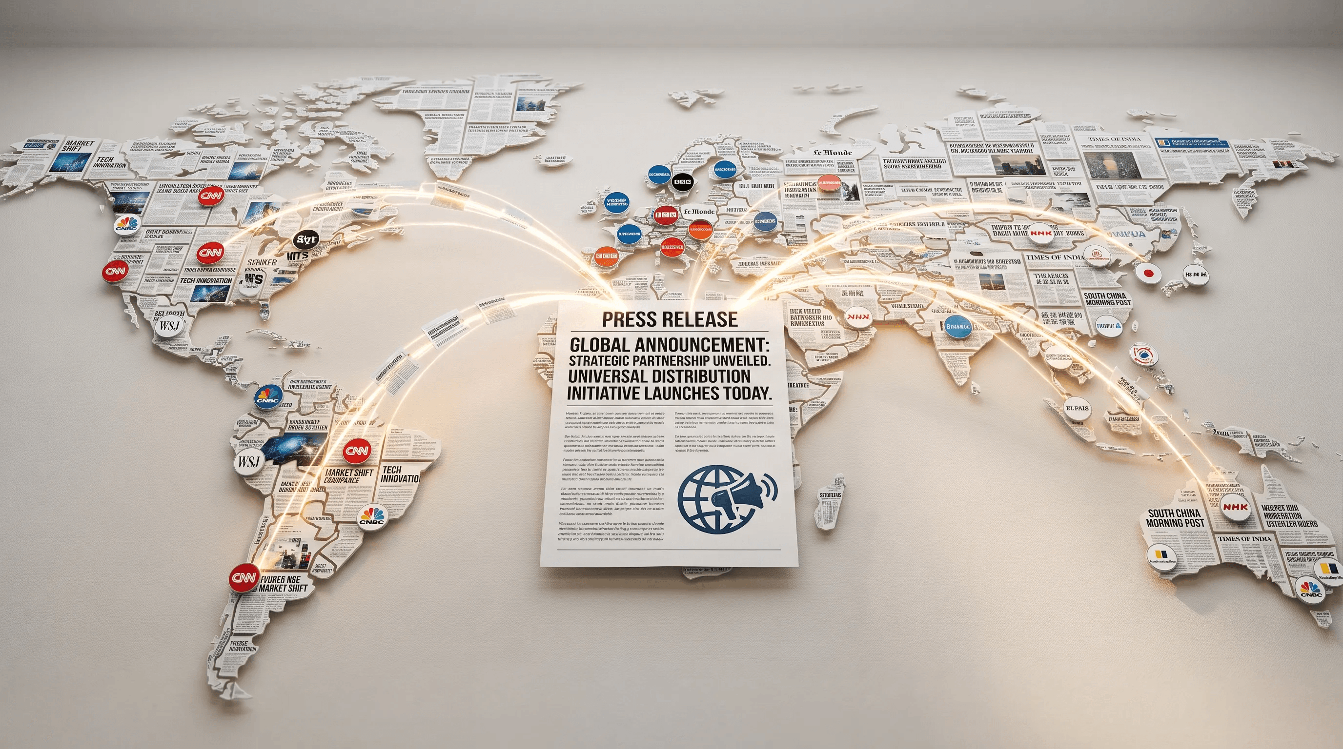 A wide conceptual scene of a world map made from connected news article cards and outlet markers, with one central press release sheet at the middle and arcs reaching toward North America, Europe, and Asia, suggesting one announcement spreading across markets. No people, clean background, and a clear focus on global distribution and visibility.