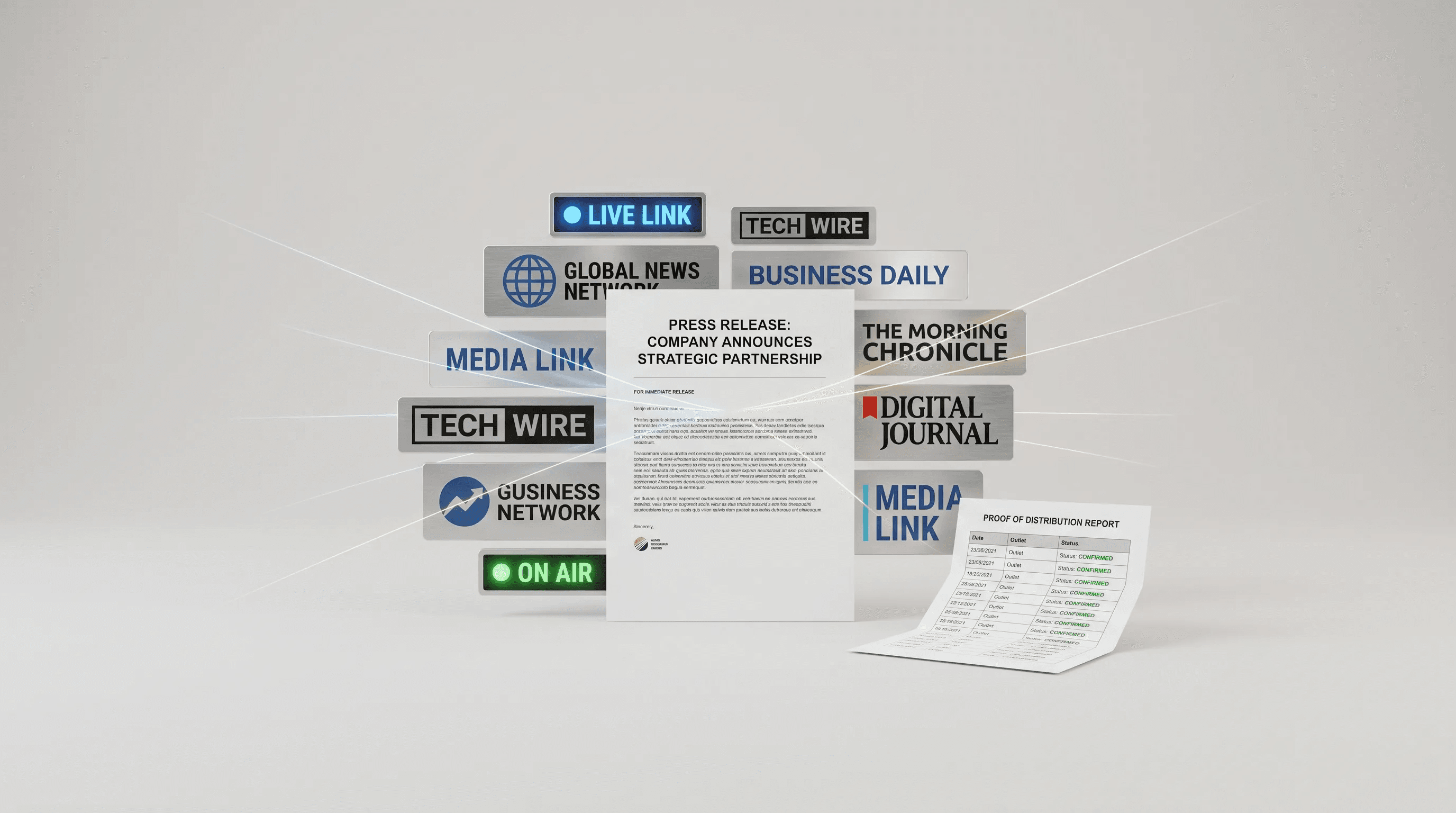 A symbolic conceptual scene showing a single press release page standing upright in front of a cluster of recognizable media outlet nameplates and live-link markers, with a small proof report sheet beside it and faint connection lines spreading outward to suggest distribution reach and credibility, set in a clean studio-like blank space with no person present.