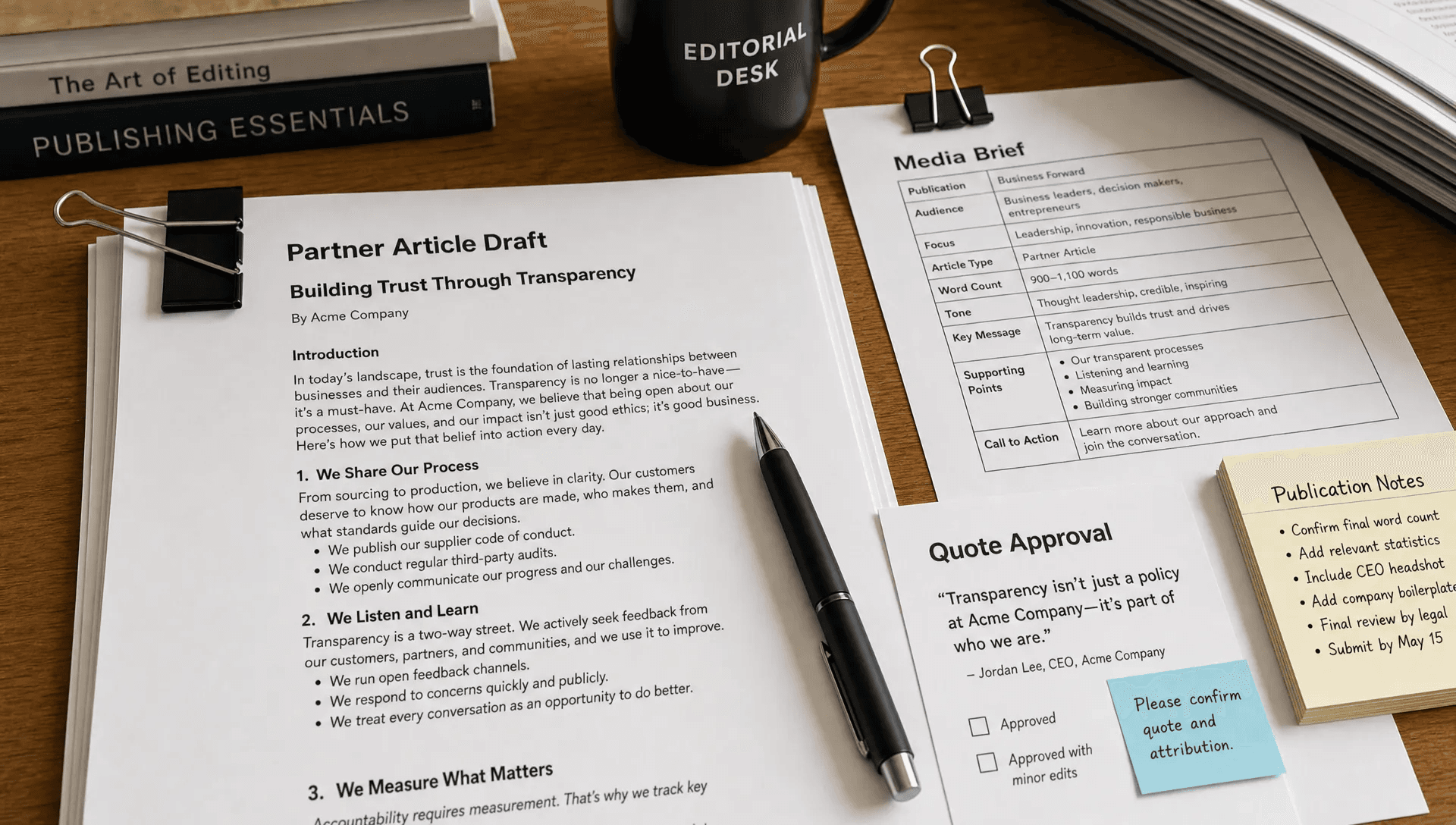 A media brief, approved quote sheet, and partner article draft sit on a publishing desk, showing collaboration for credibility and reach.