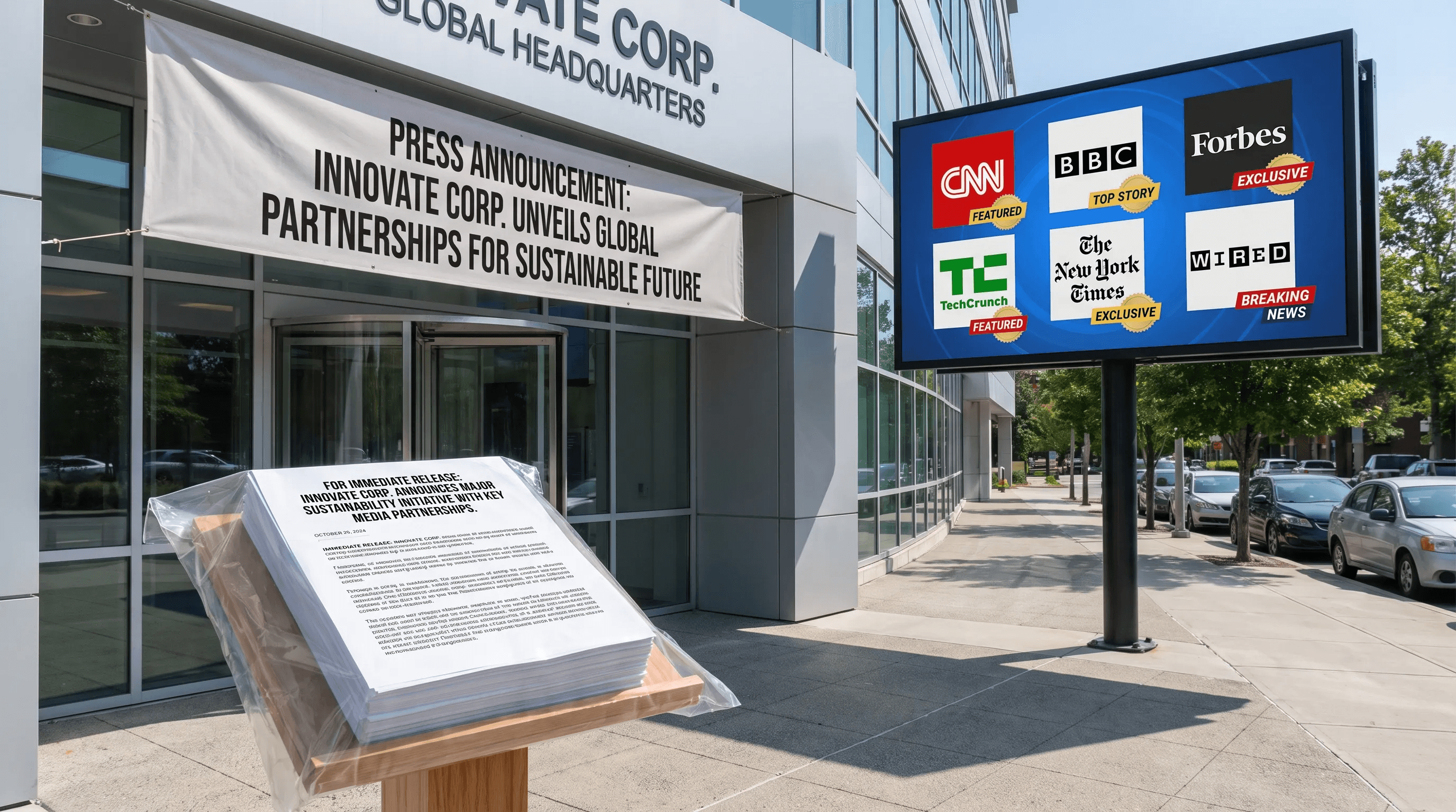 A roadside exterior scene of a company headquarters entrance with a large announcement banner, a reception display showing media outlet logos and placement badges, and a printed release in the foreground, suggesting a real press announcement becoming visible across trusted publications. No person at a desk, with the building and signage as the main focus.
