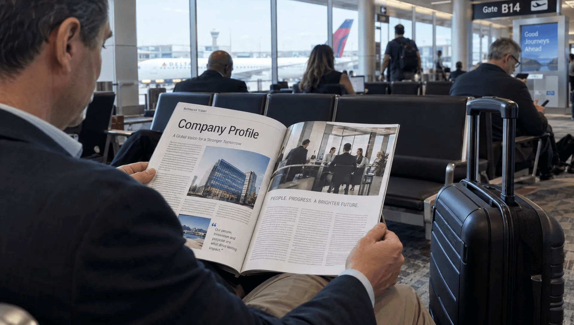 A traveler reads a business magazine featuring a company profile, showing how media coverage can reach readers in everyday settings.