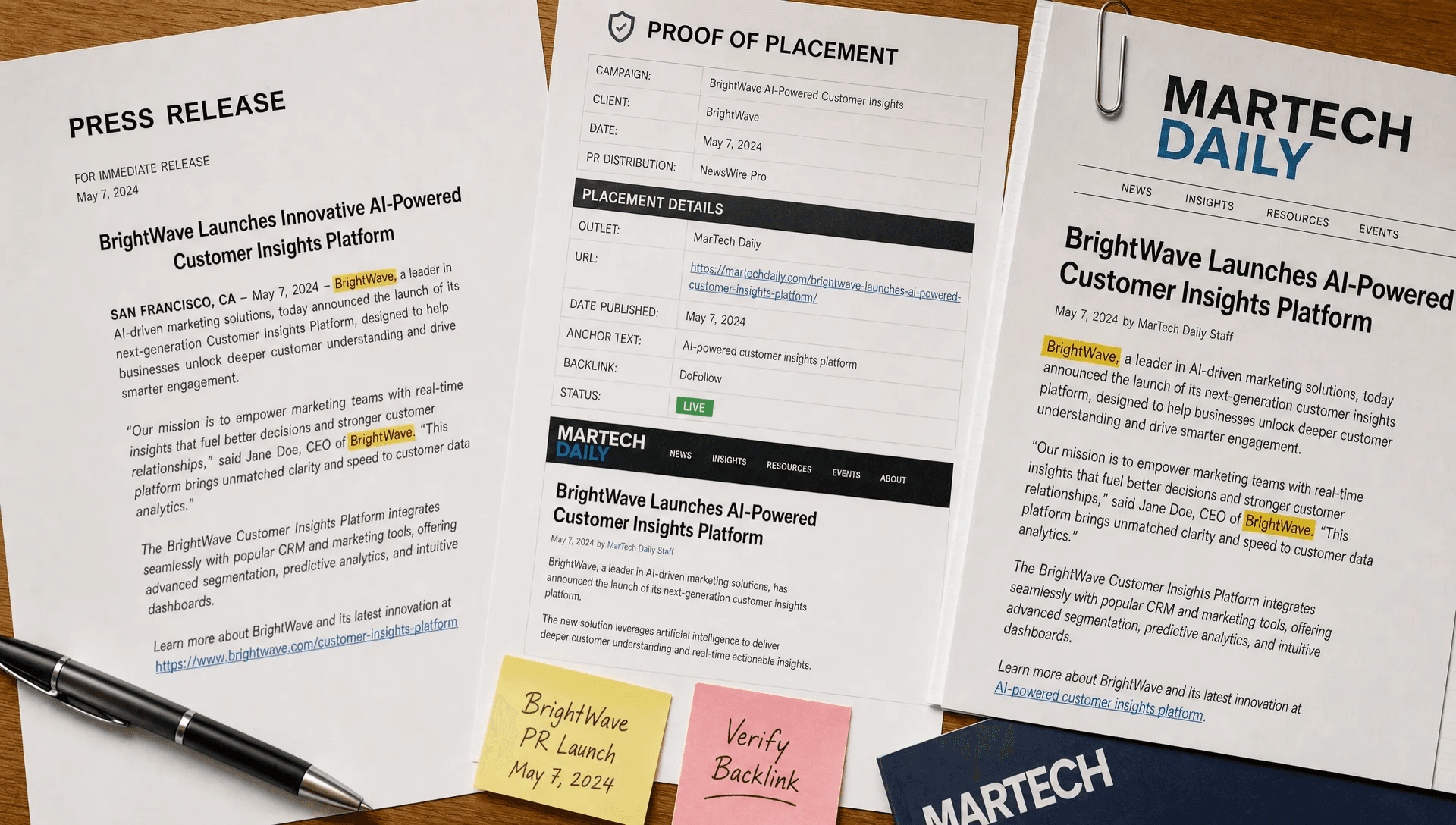 Printed press release pages and a proof report show live URLs and natural anchor text for white hat link building.