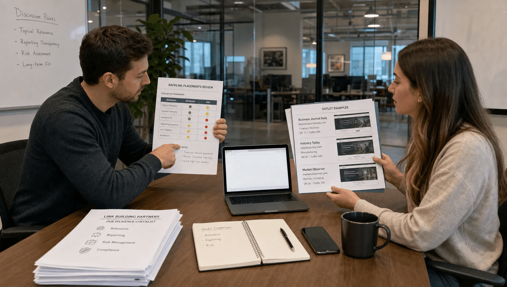 Two marketing leads review backlink placement reports and publication samples in a conference room.