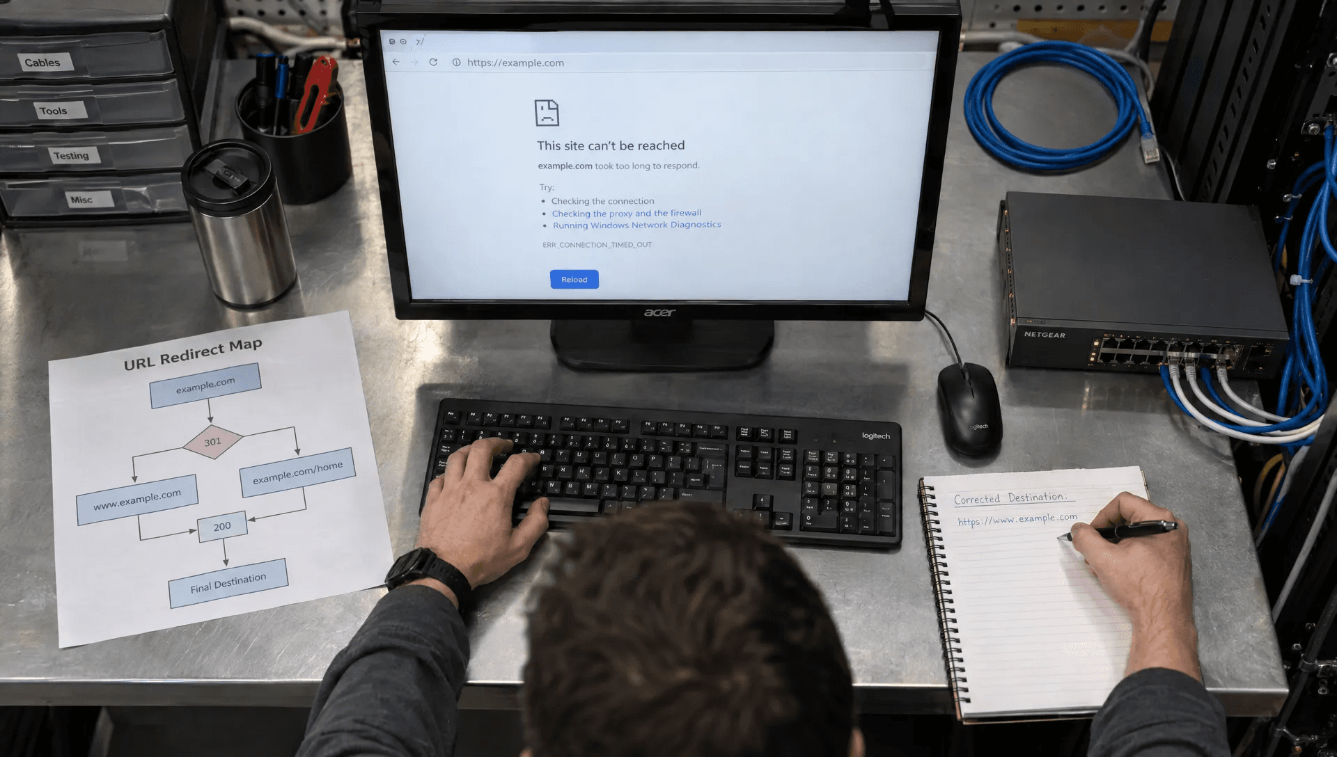 A web technician tests a broken destination and records a repair to restore a working backlink path.